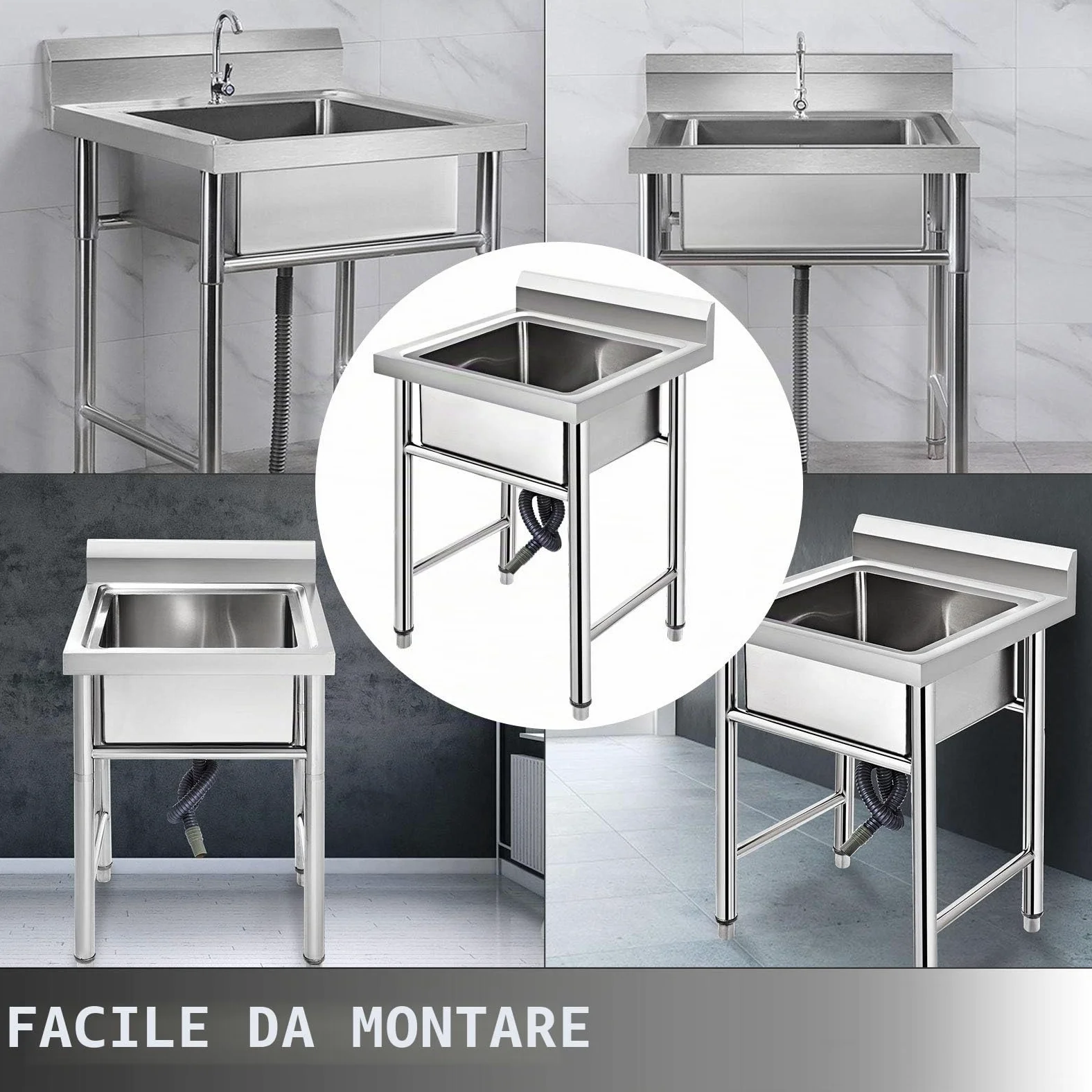 VEVOR Lavello da cucina fatto a mano in acciaio inox 1 vano 17,5 x 10 x 16,5 pollici Lavello sottobar Agriturismo Cafe Shop Ospedale