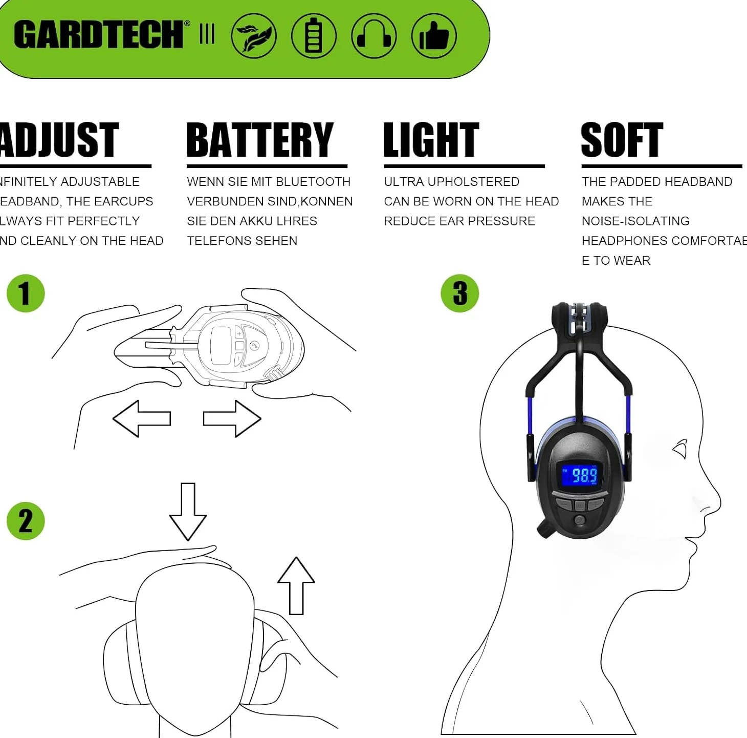 GARDTECH Cuffie antirumore Bluetooth antirumore con radio wireless MP3 FM paraorecchie di sicurezza con display LCD 4 GB SD Card per adulti per giardino lavorazione del legno nero e blu