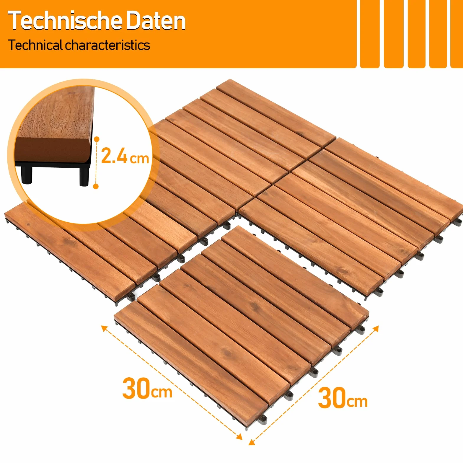 Randaco Piastrelle in legno, per terrazze, in legno di acacia, 30 x 30 cm, set da 55 piastrelle, 5 m², con drenaggio per esterni, giardino, terrazza