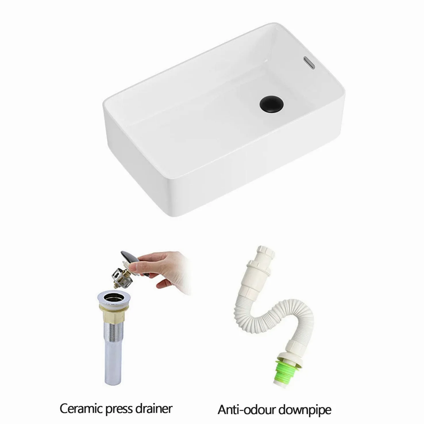 Lavabo da Appoggio in Ceramica con Troppopieno, Lavello Rettangolare Moderno con Scarichi Laterali e Scarico Pop-up per Bagno e WC degli Ospiti