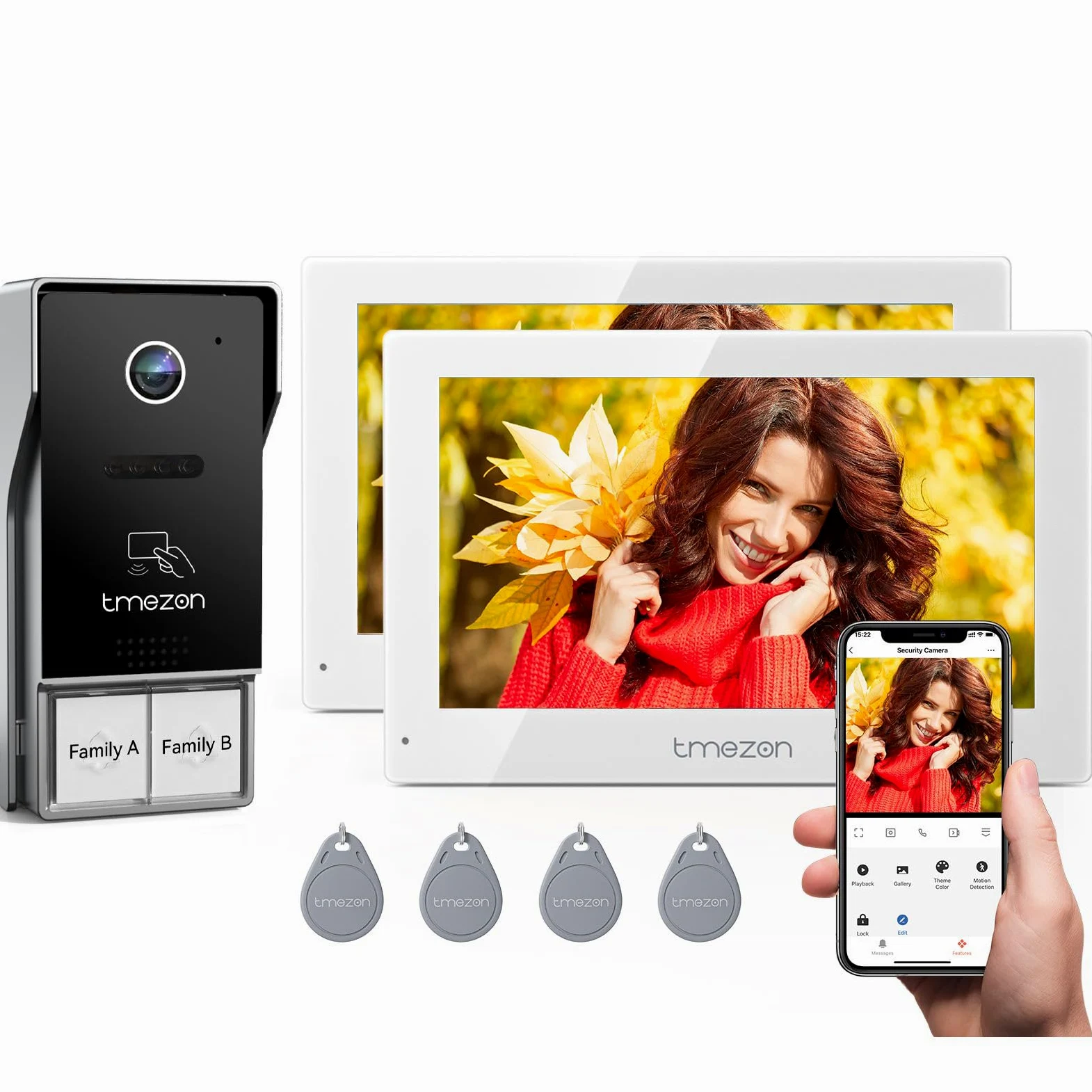 TMEZON Videocitofono Bifamiliare Y73,Videocitofono Smart Wifi 2 Fili con due monitor a Colori TFT LCD da 7'' e Campanello Esterno con Telecamera 1080P, Sblocco APP/RFID,Rilevamento Movimento Umano