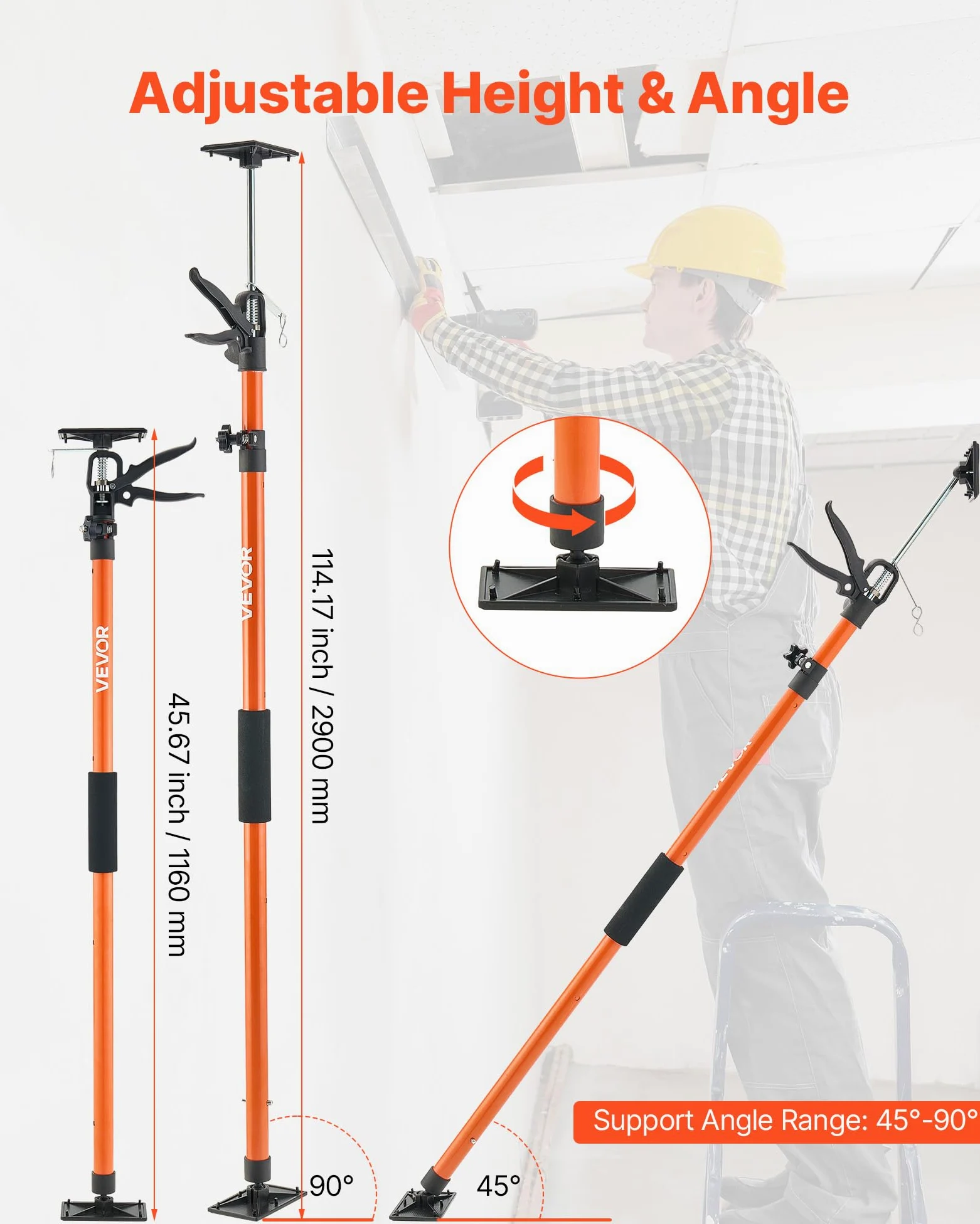 VEVOR Asta Supporto per Martinetto Installazione Armadietti, Confezione da 8, Asta di Supporto Telescopica Acciaio da 116-290 cm, Regolabile a 3 Capacità max. 70 kg per Sollevamento di Cartongesso