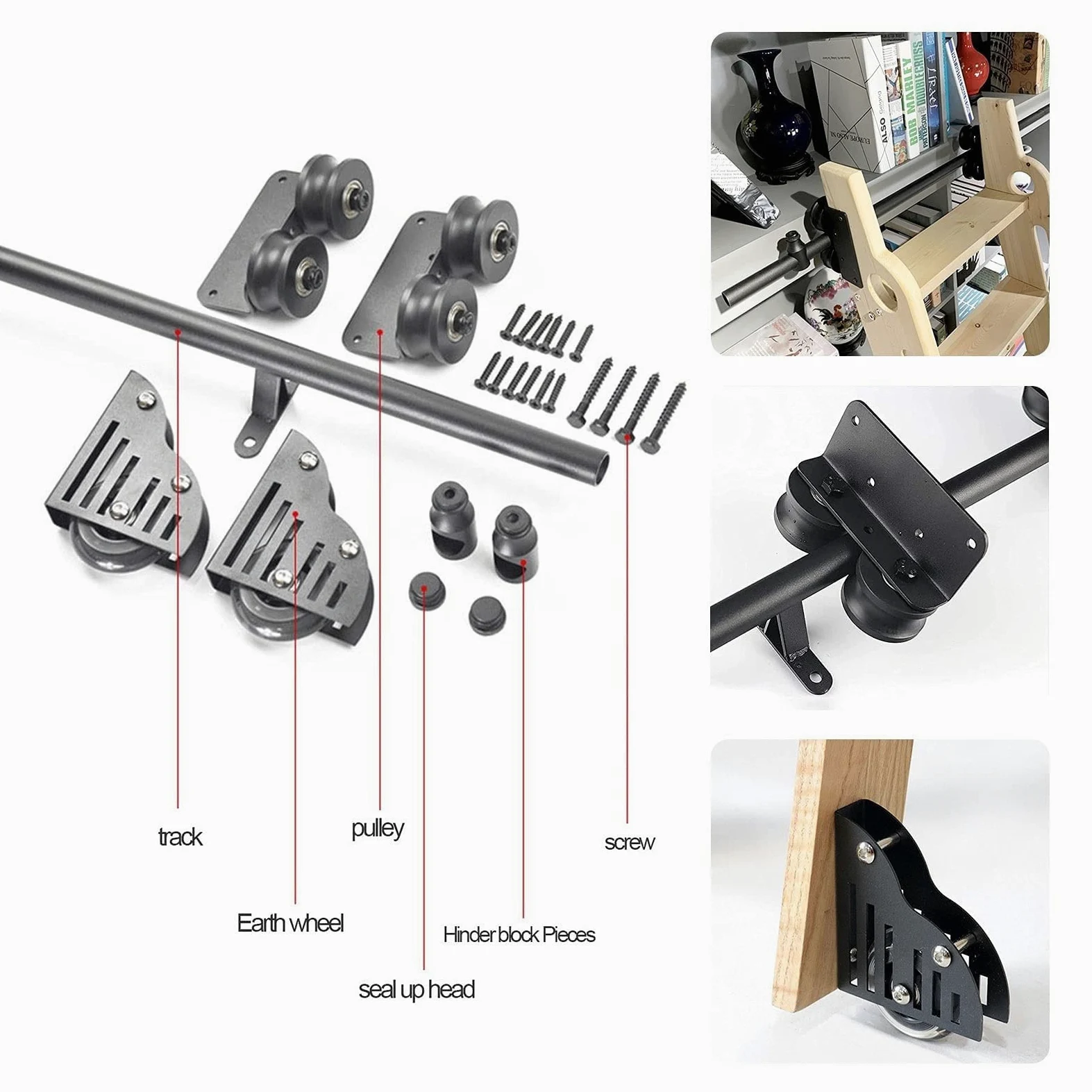 Libreria Scorrevole Nero - Kit Hardware per Scala e Porta Scorrevole, con Ruote