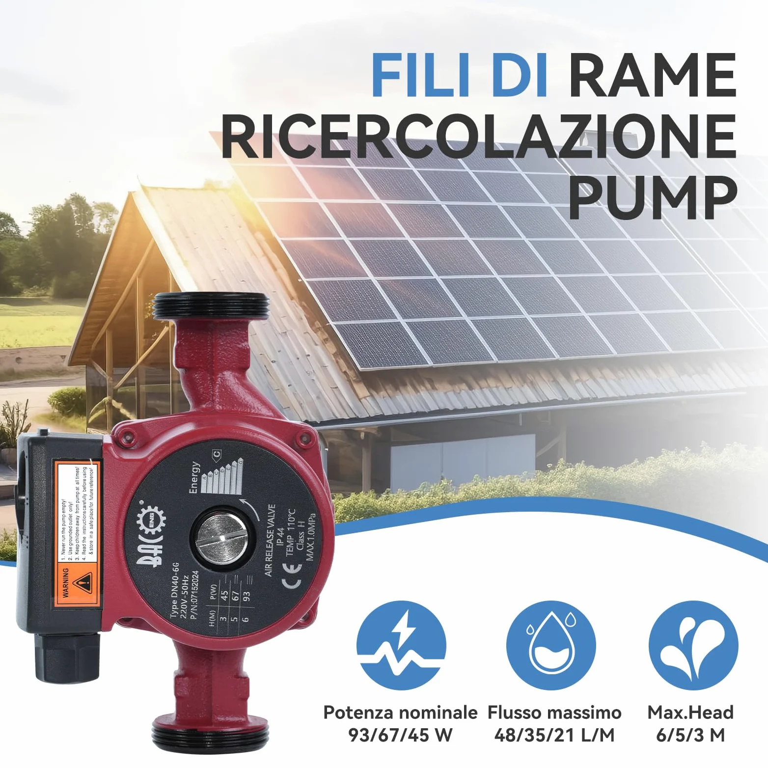 BACOENG Pompa di Circolatore Riscaldamento RS 25/6-180 Pompa di Ricircolo Acqua Calda Sanitaria 220V/50 Hz