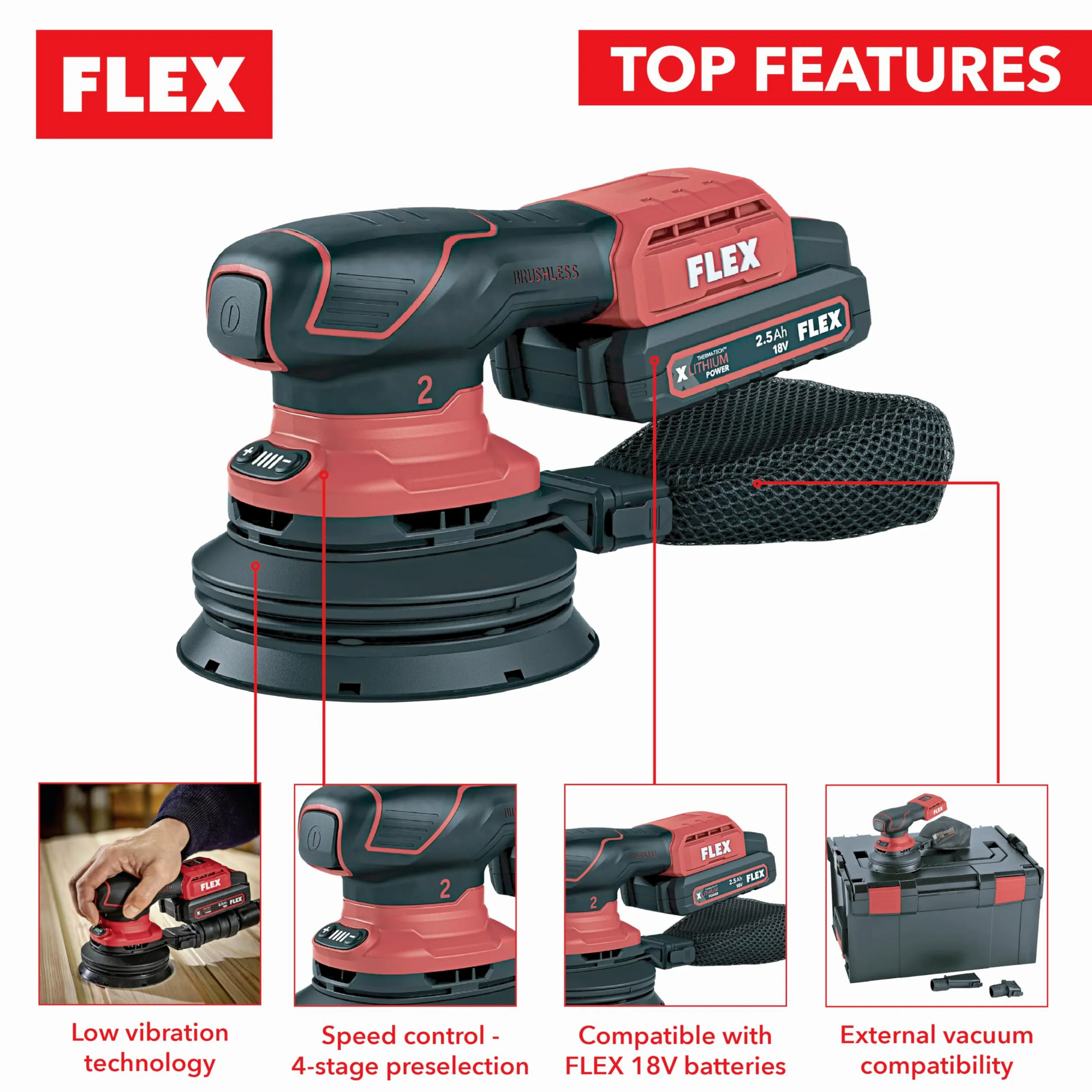 Flex Levigatrice orbitale a batteria ORE 2-125 18-EC (senza batteria, piatto abrasivo ø 125 mm, Multisandro con regolazione della velocità 18 V) 532081