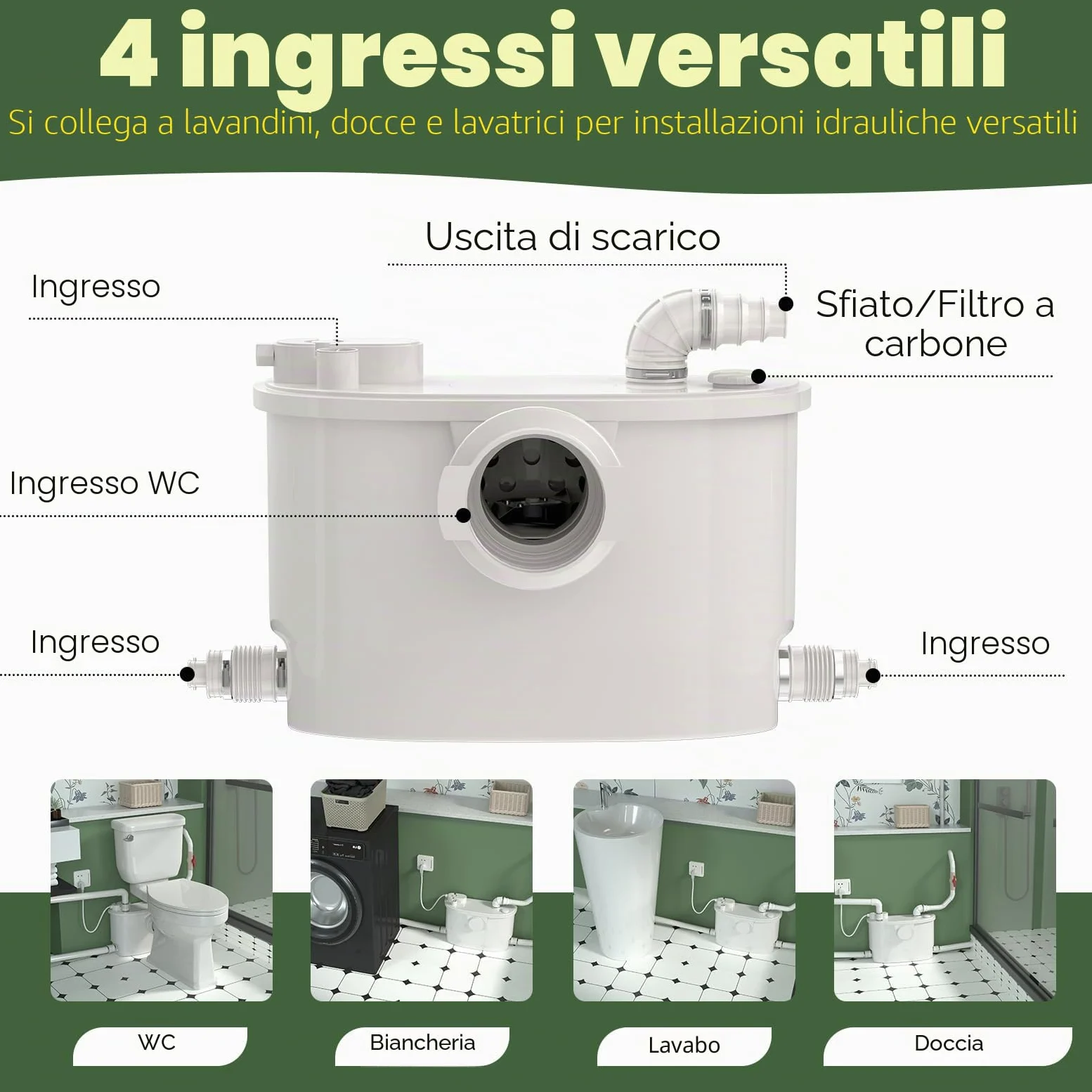 Pompa maceratrice, pompa tritureratrice per WC, con 4 ingressi per WC/cucina/lavandino/doccia da cantina, smaltimento acque reflue grigie, doppia deodorazione, motore in rame, 7 m/23 ft di prevalenza