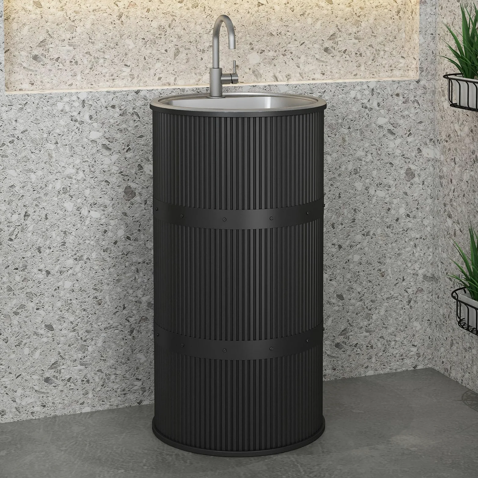 Lavandino a Colonna Moderno in Ferro Battuto, Mobile da Bagno con Lavabo in Acciaio Inox, Lavandino su Piedistallo Freestanding Set con Rubinetto e Scarico (senza contenitore,nero)