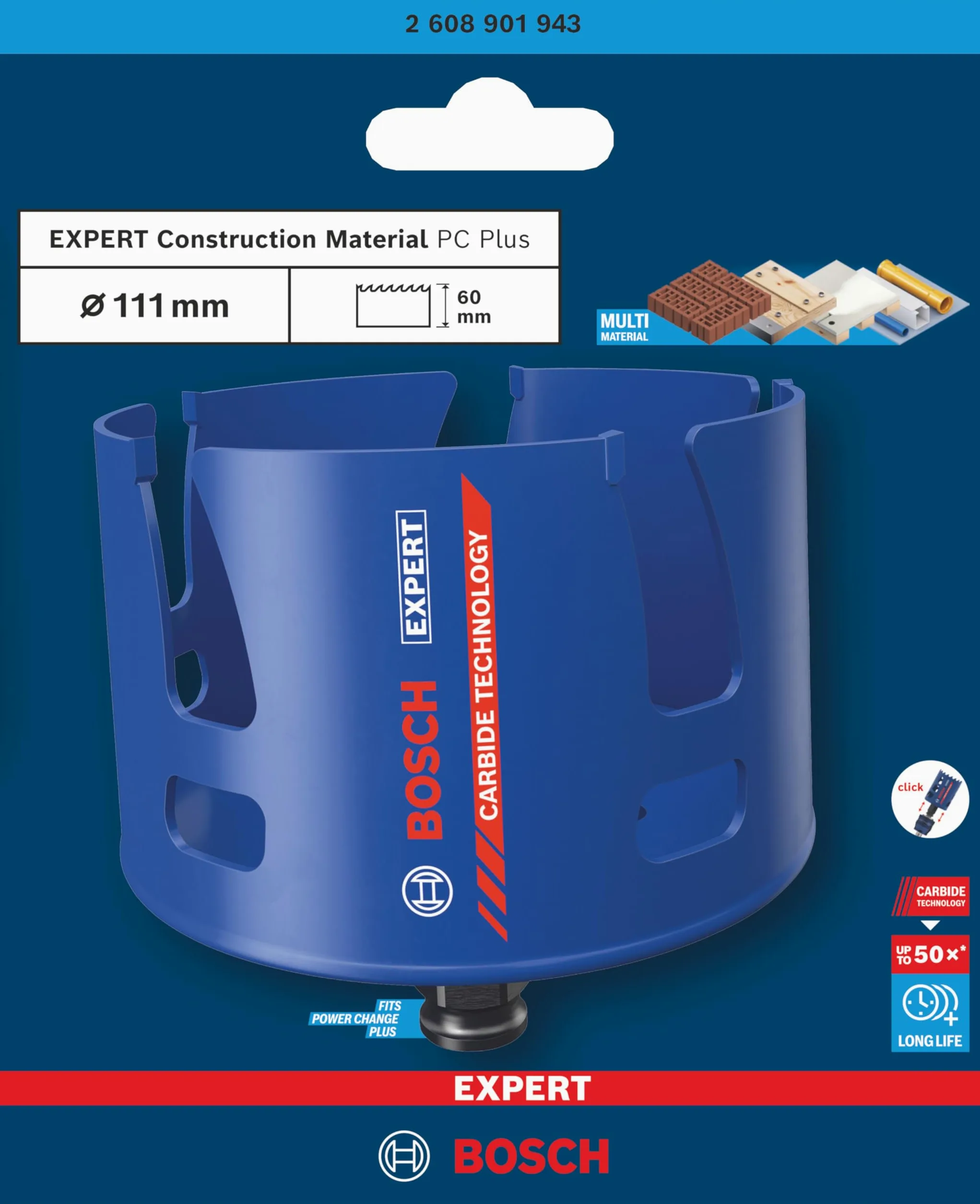 Bosch 1x Sega a tazza EXPERT Construction Material PC Plus (per Legno tenero, Truciolato, Ø 111 mm, Professional Accessorio Trapanoi)
