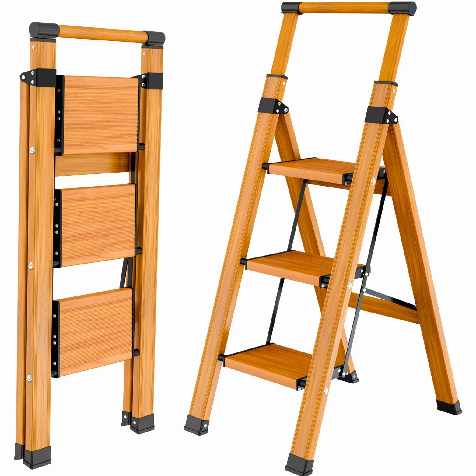 KULACO Scala multifunzione a 3 gradini antiscivolo, venature in legno, alluminio, fino a 150 kg