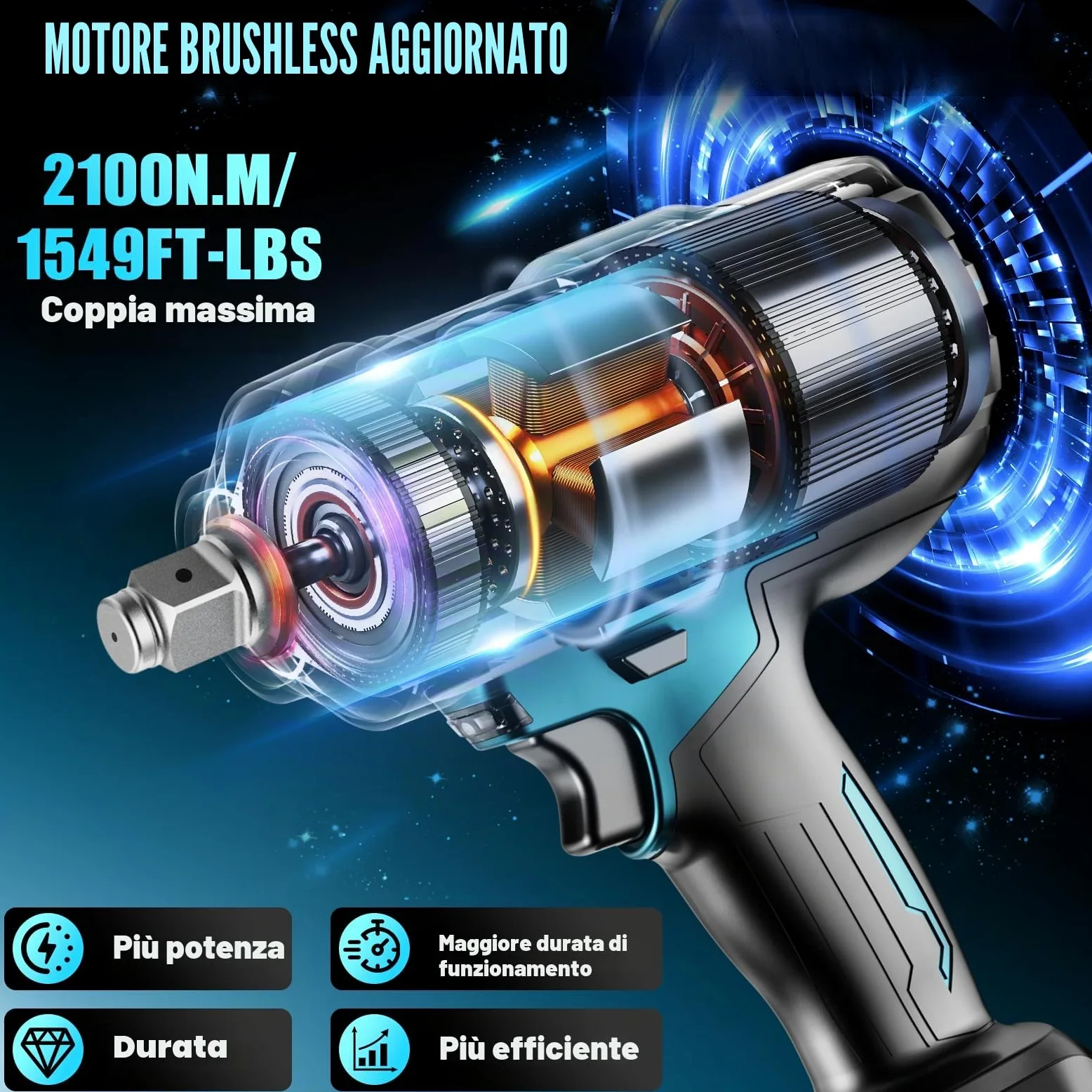 Avvitatore A Impulsi Senza Filo, 2100 Nm Di Coppia Massima, Chiave A Percussione 3/4" Con Due Batterie Da 6000mah, Adattatore Da 1/2 Pollici, Caricatore Rapido, Auto Familiare/macchine pesanti