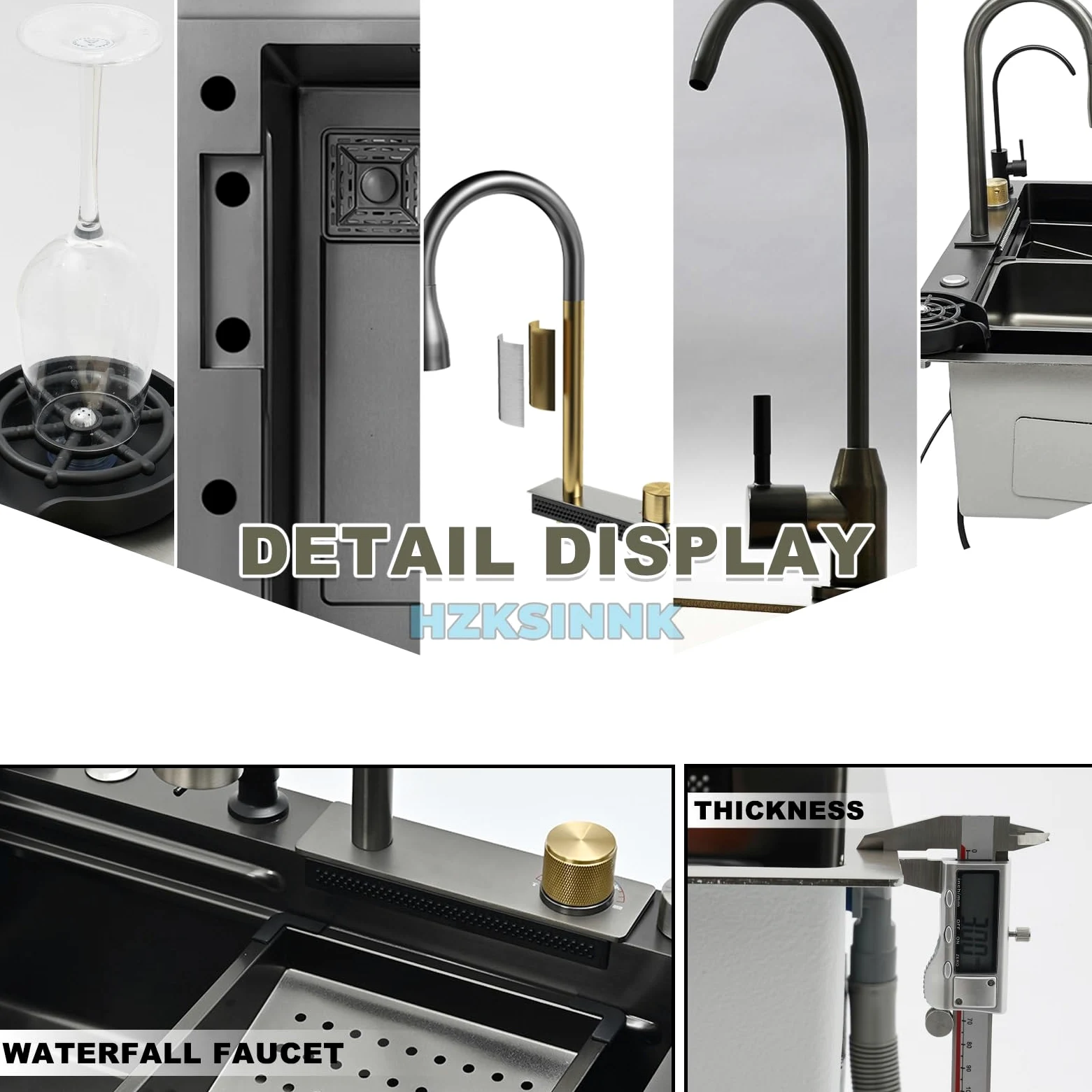 80x50cm Lavello da cascata nero, multifunzionale Lavello Cucina 1 Vasca in Acciaio Inox, con Rubinetto Estraibile, sifone e Set di Drenaggio, e vari accessor, lavello domestico set