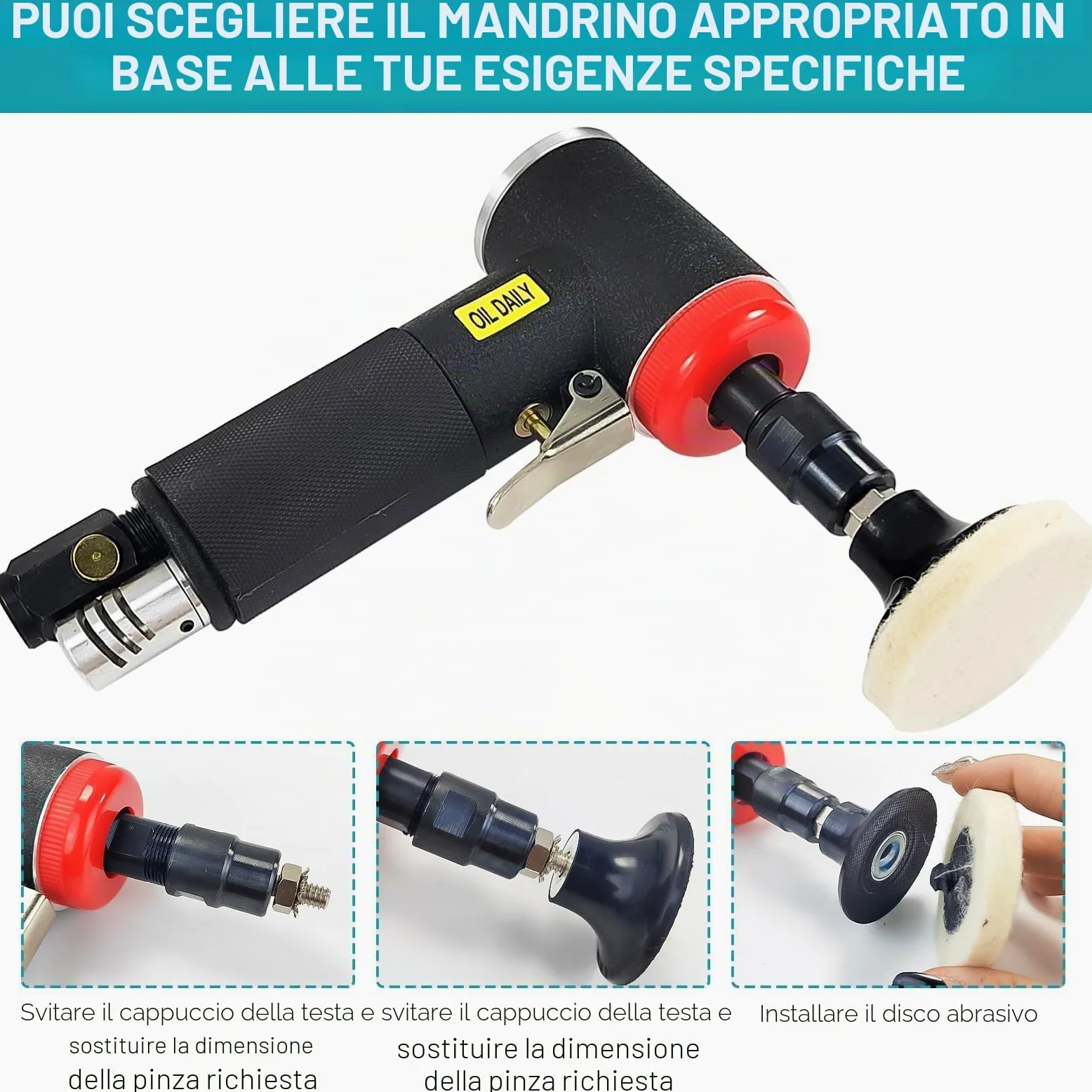 Mini Lucidatrice Auto, Mini Smerigliatrice Angolare Pneumatica con Mandrino a Pinza da 6 mm e 3 mm, Include Carteggiatrice e Mini Levigatrice con Set di 20 Dischi da 2 Pollici a Cambio Rapido