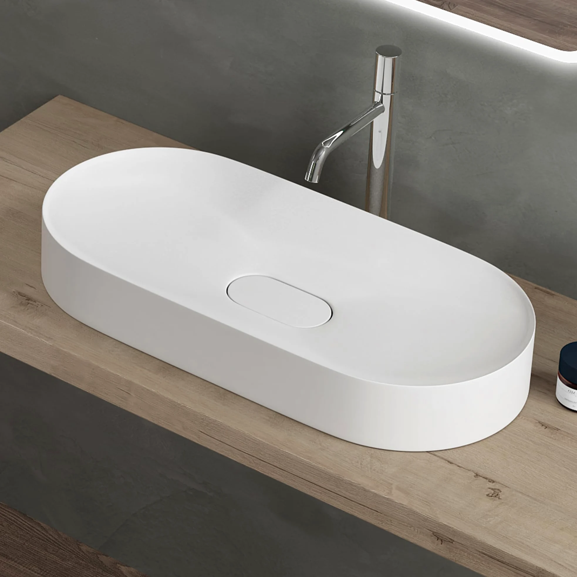 doporro Lavabo da Appoggio Lavandino Bagno 70 cm in Resina Minerale Bianco Opaco Effetto Loto, Senza Foro Rubinetto Colossum826