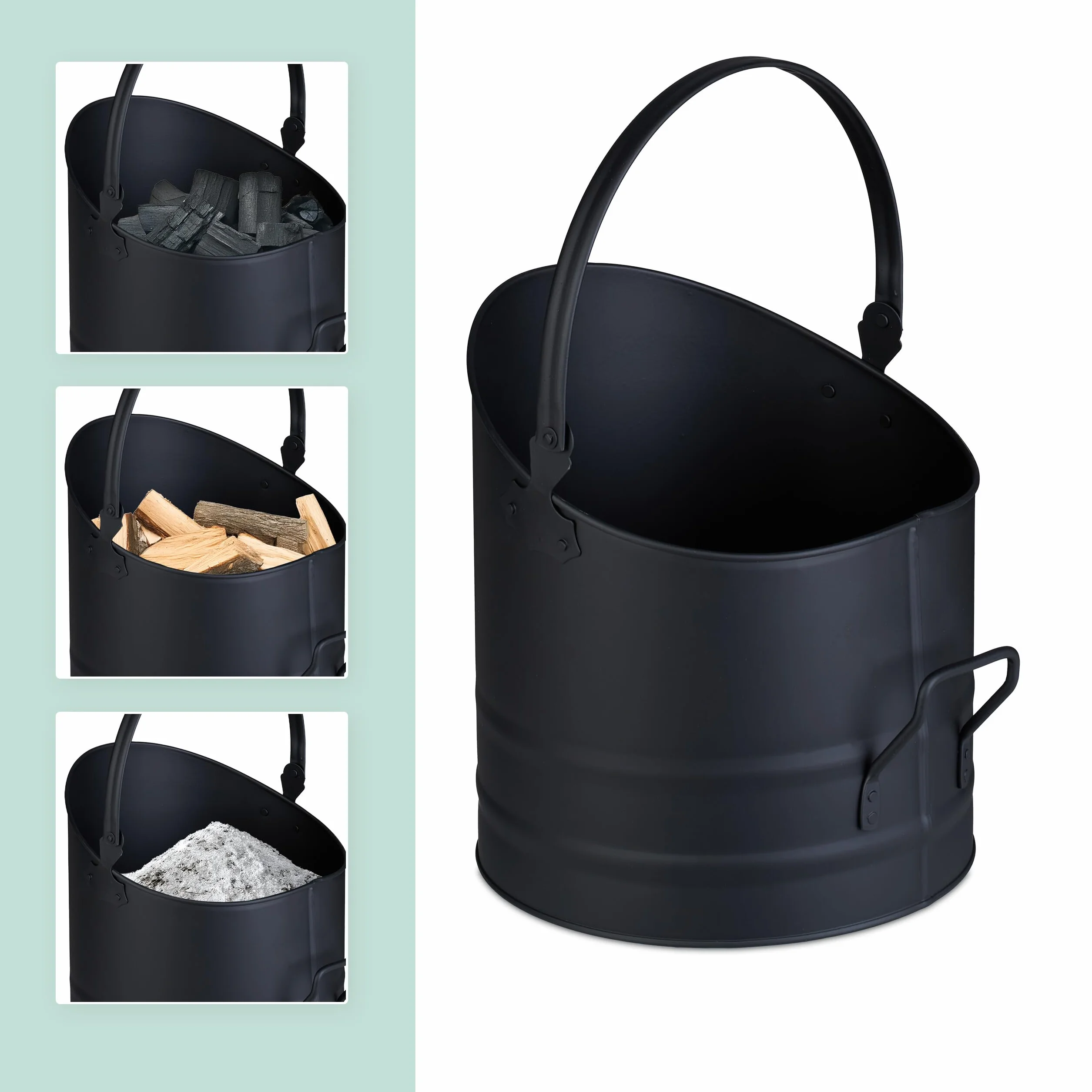 Relaxdays Secchio Raccogli Cenere e Legna da Ardere, Cestello 9,5 L con Scopa e Paletta da Camino, Cestino Ferro, Nero