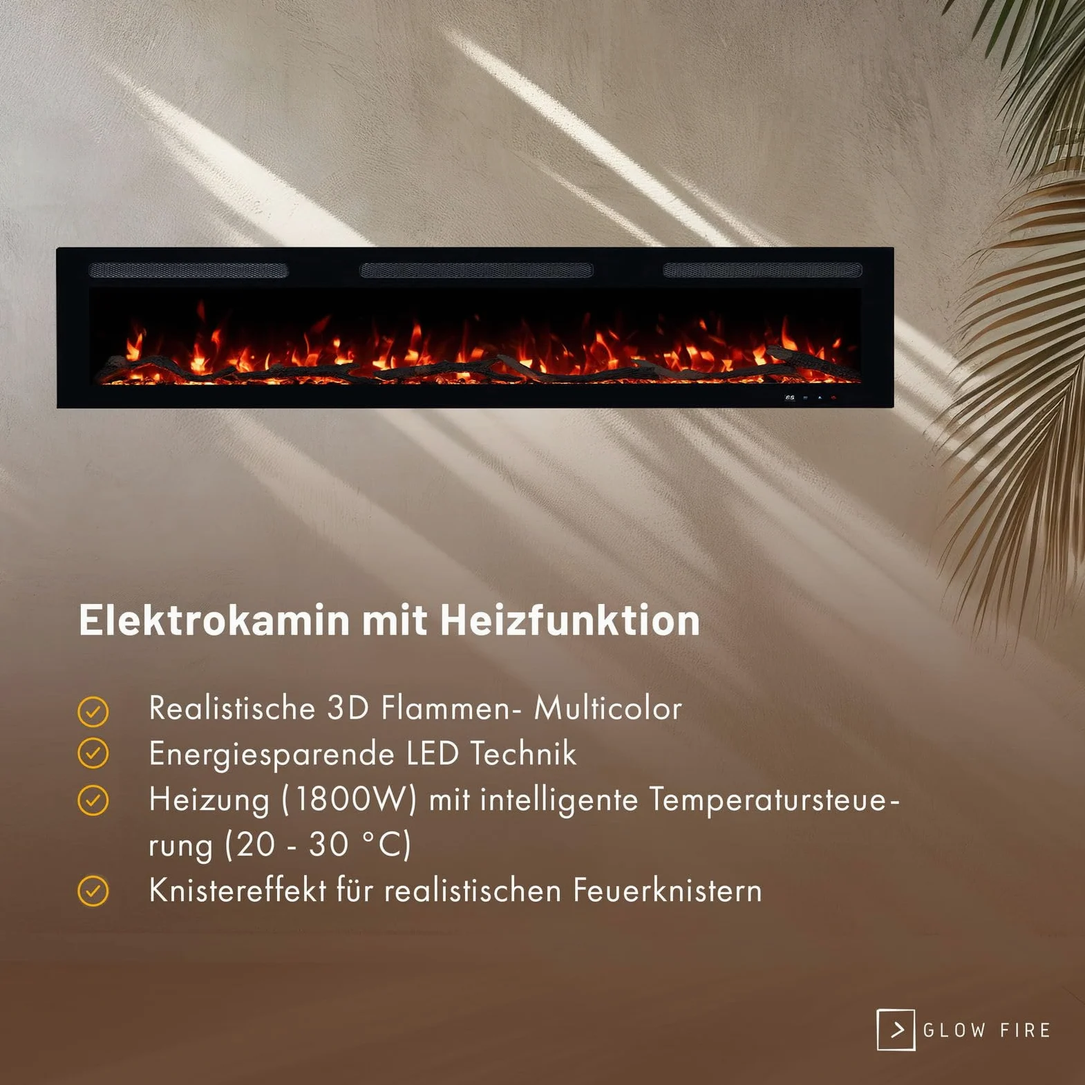 GLOW FIRE Camino elettrico Inside 182 con fuoco LED realistico 3D – Camino elettrico da parete con riscaldamento e camino, controllo app, effetto scoppiettante e timer, max. 1800 W, 182 x 35 x 12 cm