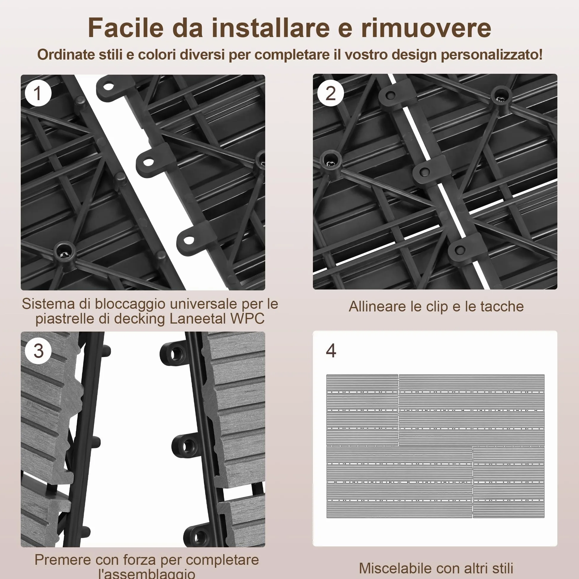 Laneetal Set di 12 Pavimento per Esterno, Pavimento WPC Incastro, per Giardino, Patio, Terrazza, Balcone, Pavimentazione Esterna 30x60 cm, Marrone Chiaro