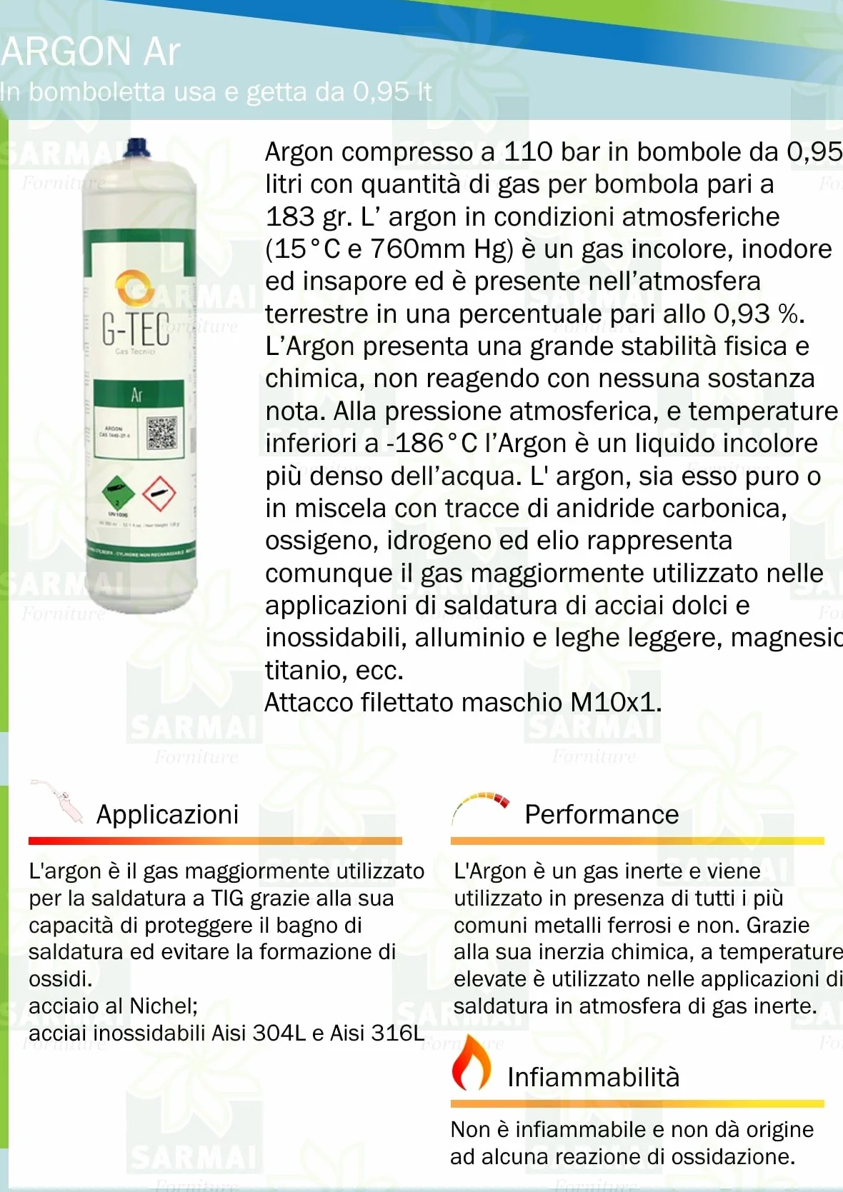Bombola usa e getta monouso gas tecnico Argon Ar per saldatura TIG acciaio 0,95 lt