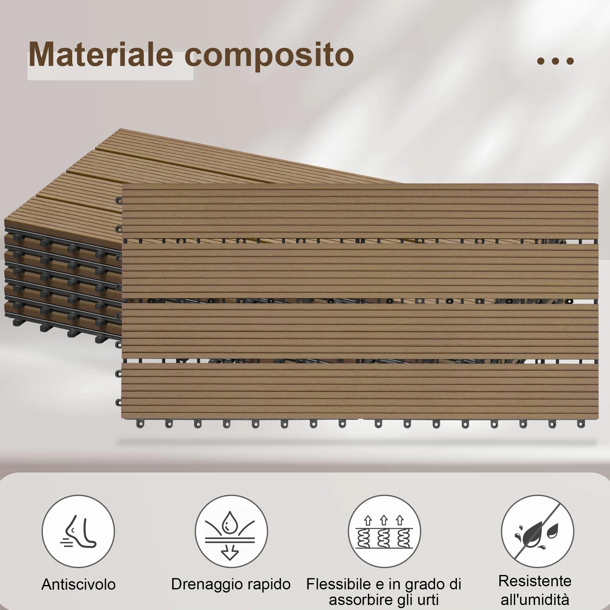Laneetal Set di 12 Pavimento per Esterno, Pavimento WPC Incastro, per Giardino, Patio, Terrazza, Balcone, Pavimentazione Esterna 30x60 cm, Marrone Chiaro