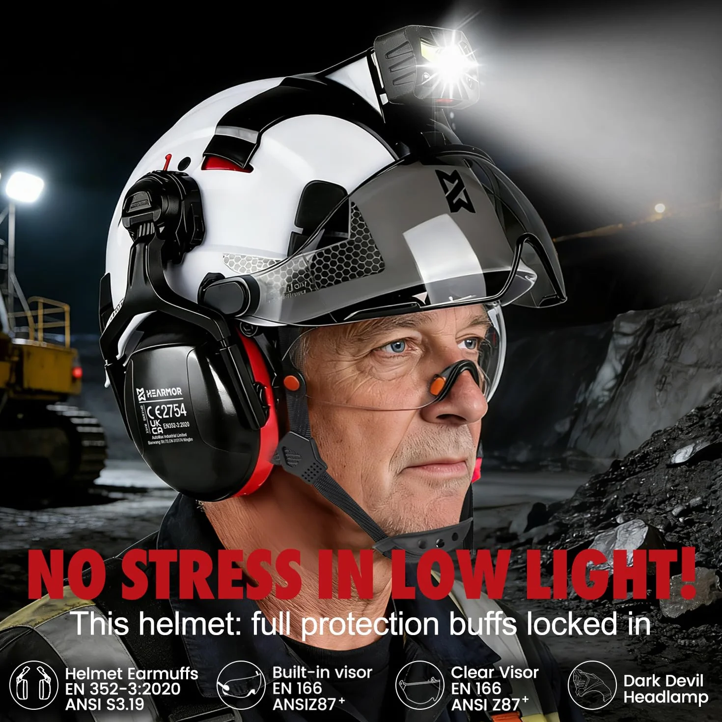 HEARMOR Voltek Casco di protezione industriale certificato CE EN397 con lampada a LED + visiera e protezione dell'udito | per lavori forestali, lavori di costruzione e arrampicata | Casco da lavoro di