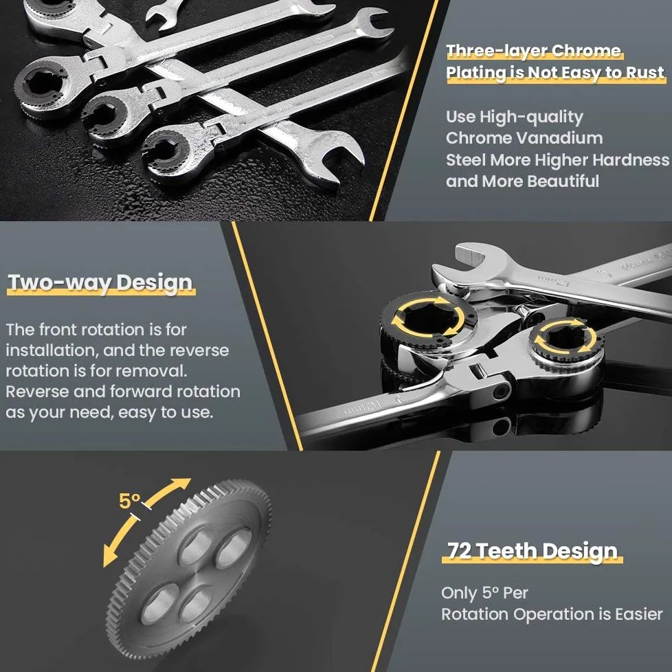 Anbull Chiave a cricchetto con testa flessibile, a doppia estremità aperta Metrico 8mm a 19mm, 72 denti con testa regolabile di 180, Cr-V, Ratcheting Wrench Set, Con custodia per il trasporto