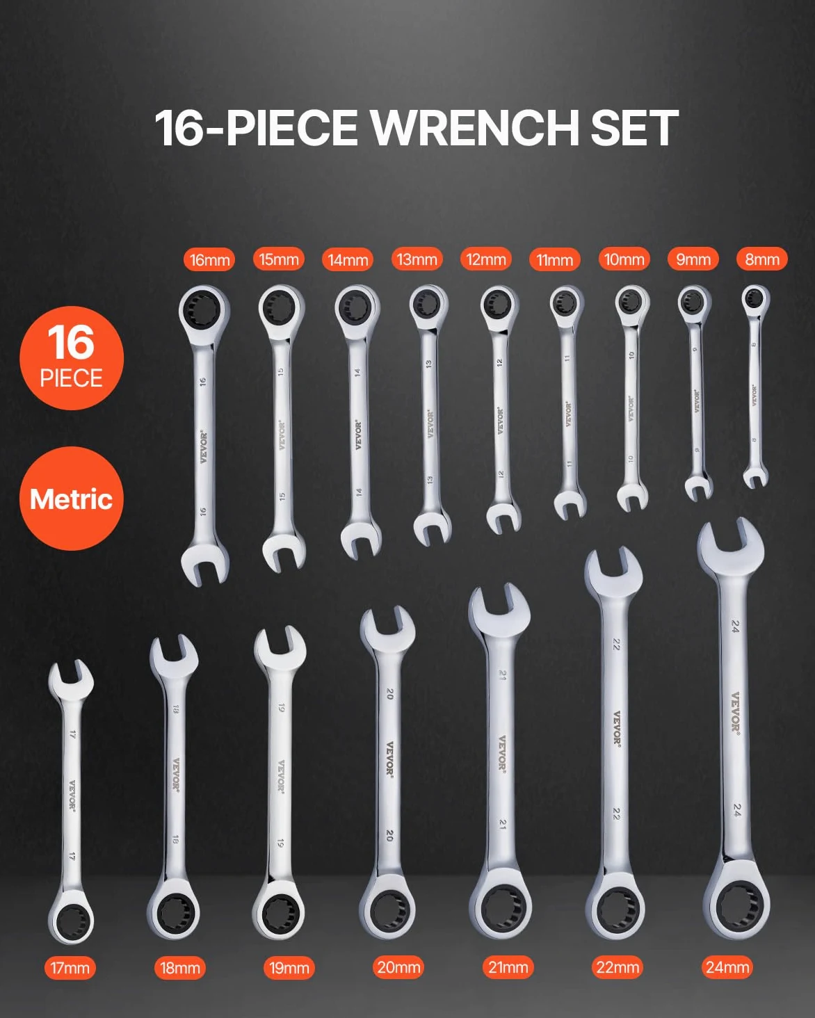 VEVOR Set di Chiavi Combinate da 16 Pezzi, Set di Chiavi a Cricchetto con Organizzatore per Rack, Set di Chiavi in ​​Acciaio Cr-V Metrico da 8 mm a 24 mm, per Casa, Garage, Officina, Riparazioni Auto
