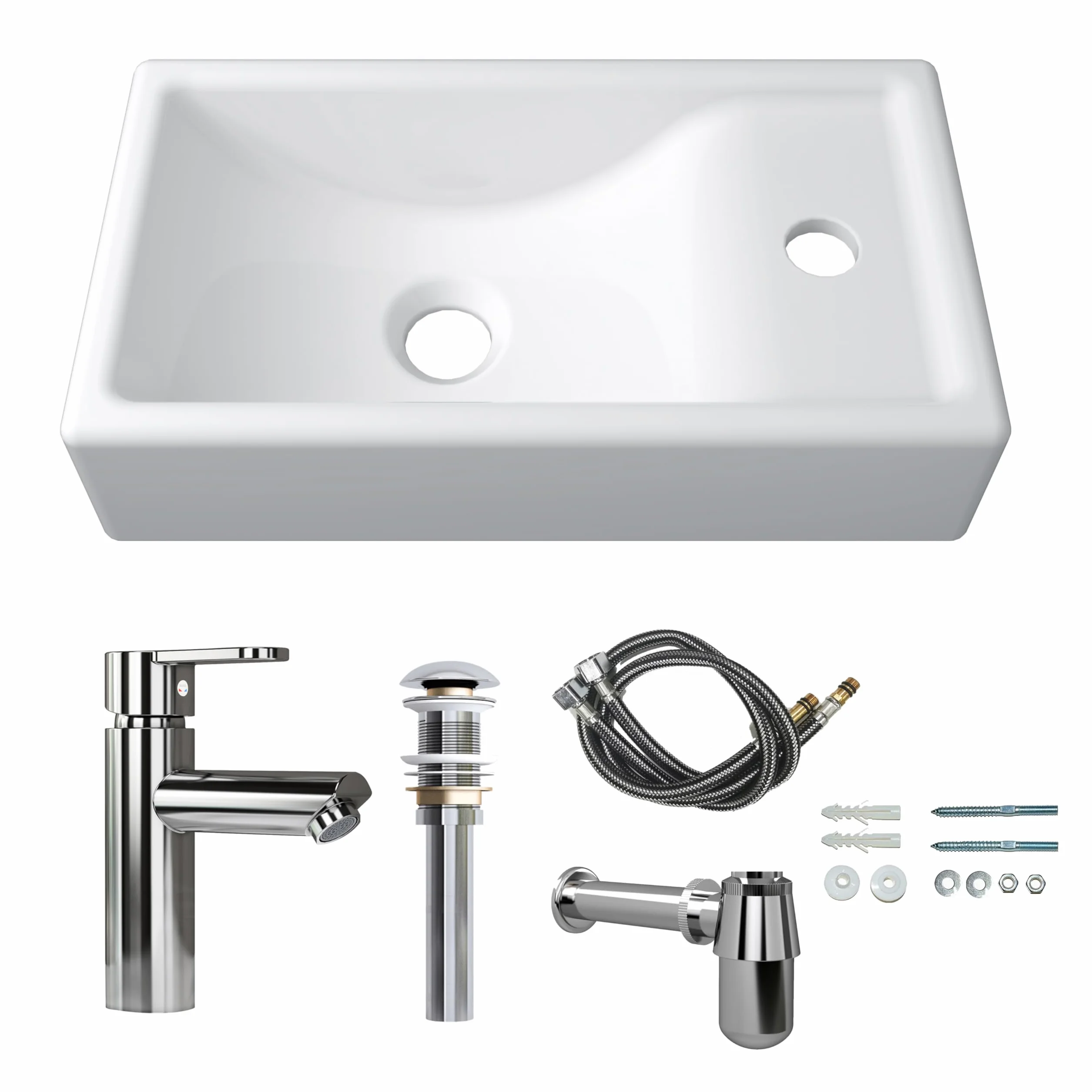 MEJE Mini lavabo, 41 x 23 x 10 cm, lavabo per montaggio a parete, in ceramica, piccolo, foro per rubinetto a destra, con rubinetto e kit di drenaggio