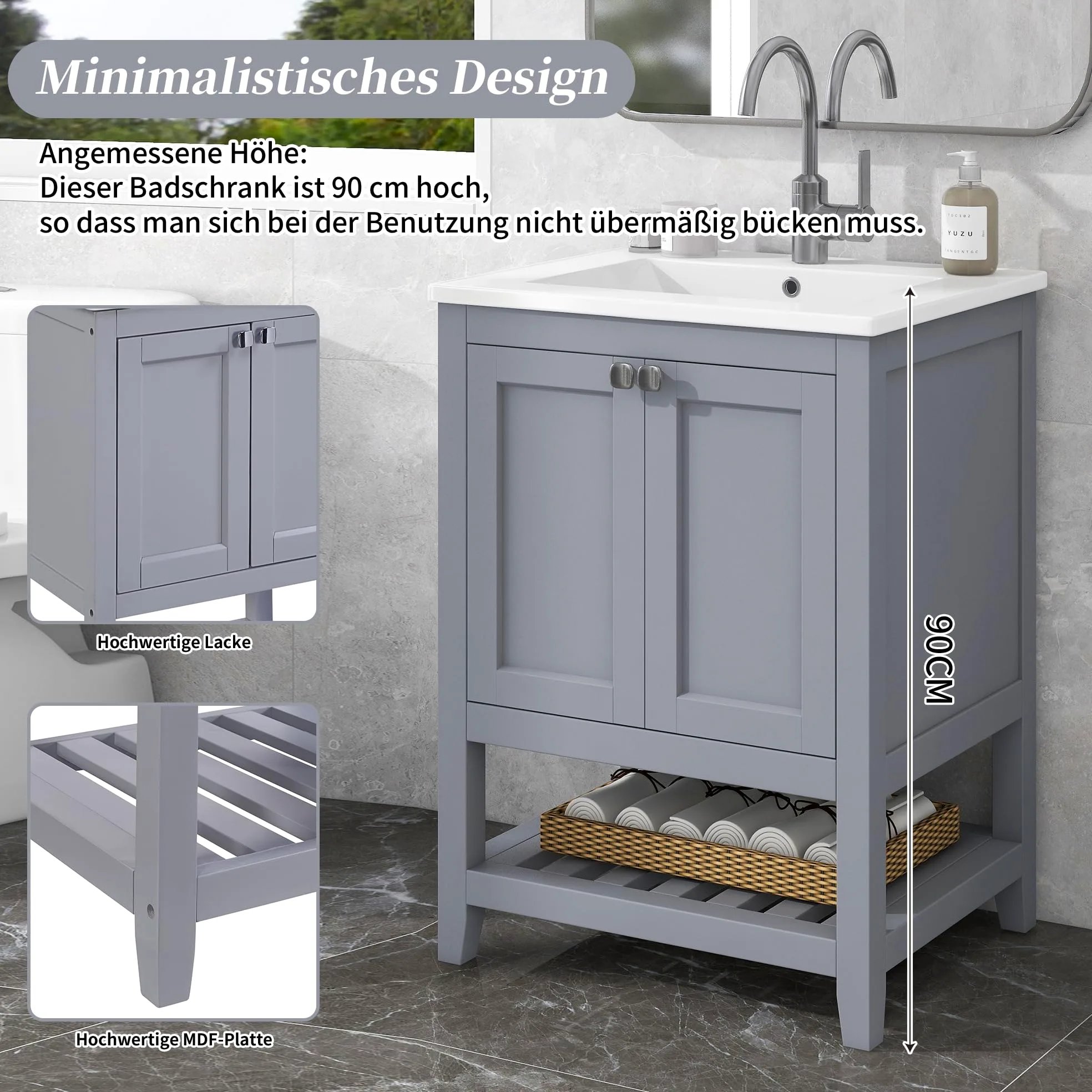 Mobile da bagno singolo con base 60 cm con lavabo in ceramica, grigio chiaro