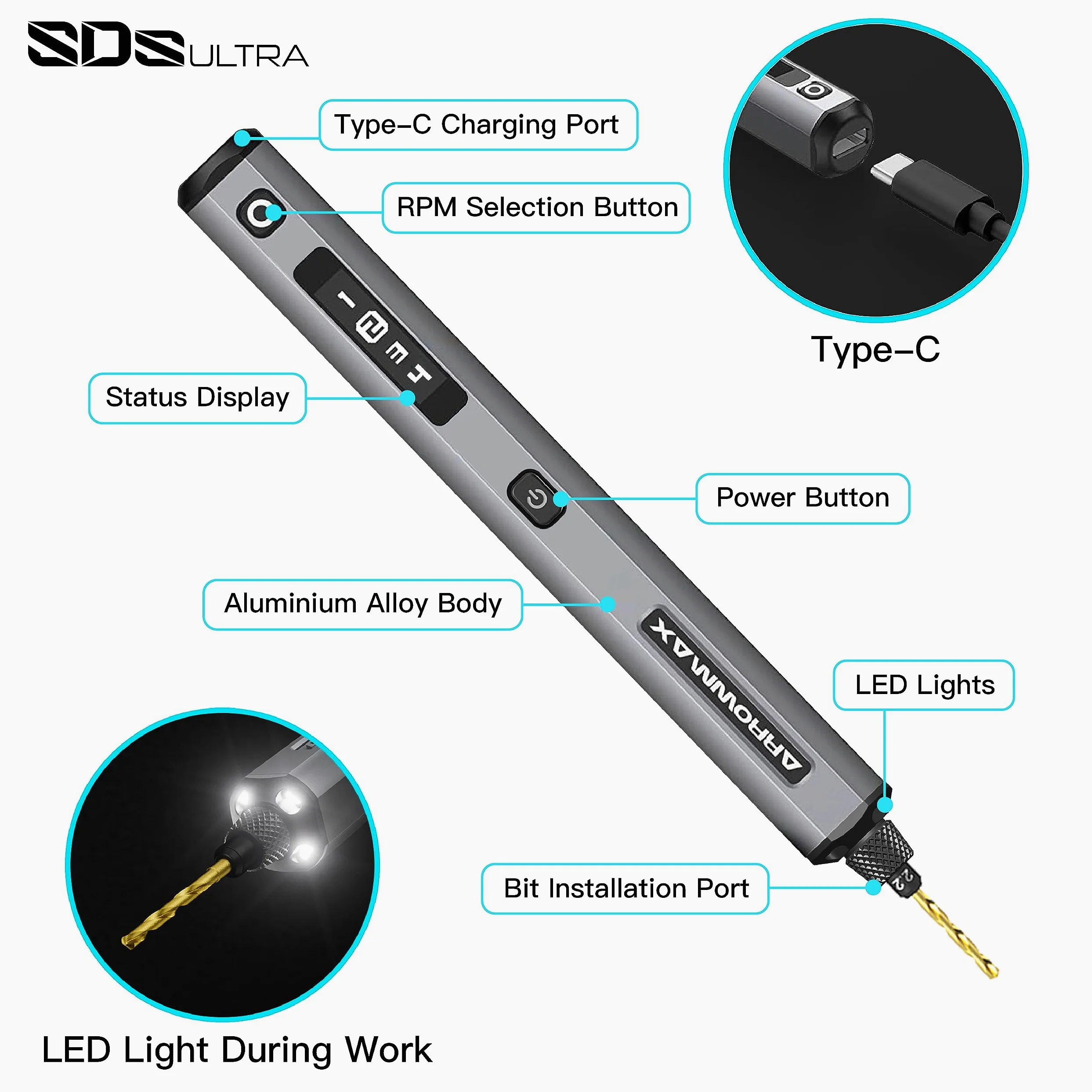 Mini trapano elettrico a 4 velocità con pressa da banco Hedgehog, 10 punte piccole ARROWMAX con scatola in alluminio, display OLED, luci LED, mandrino autoserrante da 3/32 pollici (SDS ULTRA PLUS)