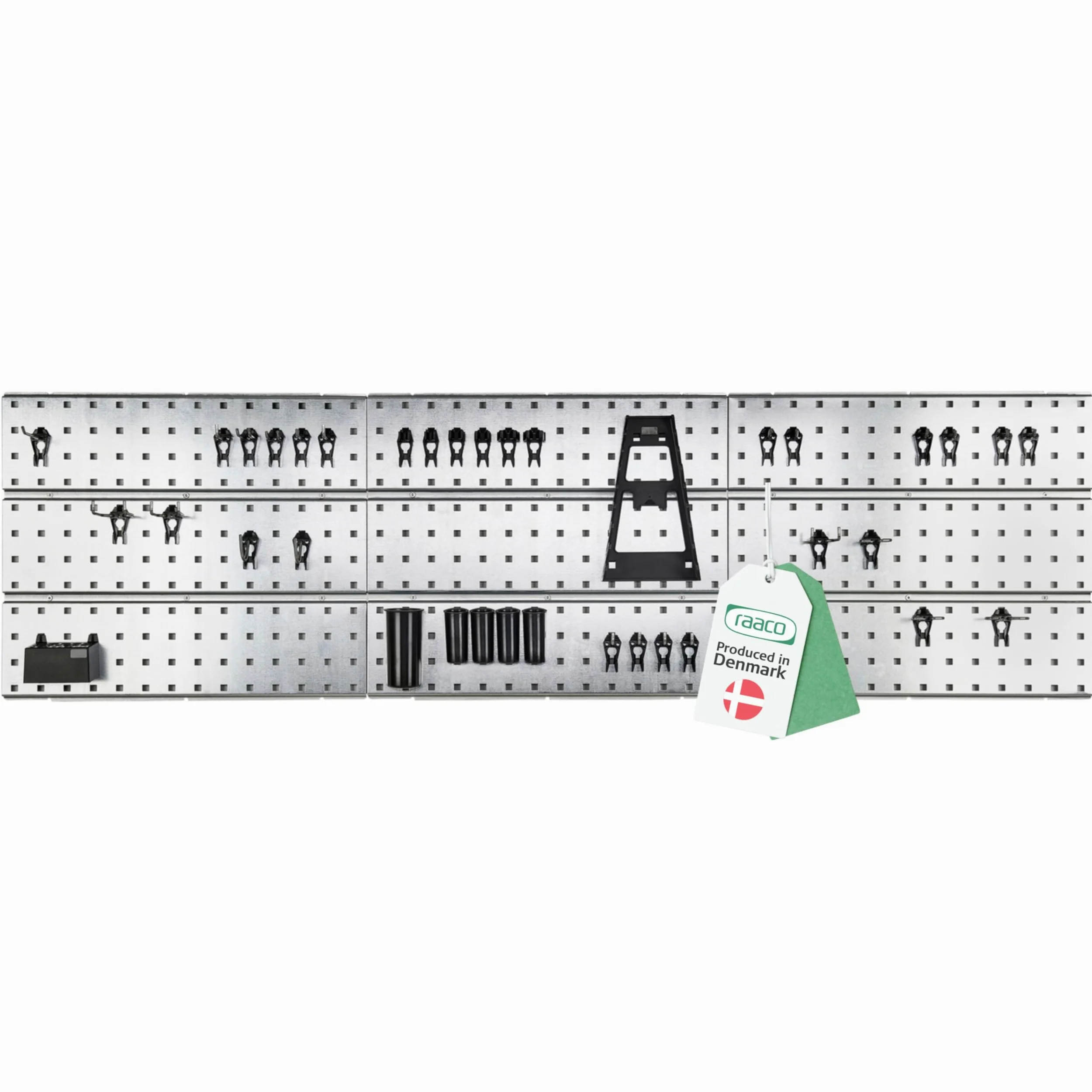 Raaco 3 TWP Set - Parete attrezzata officina in acciaio zincato con 44 SuperClips, pannello forato portautensili 156 x 44 cm, capacità di carico di 225 kg, pannello porta attrezzi da parete