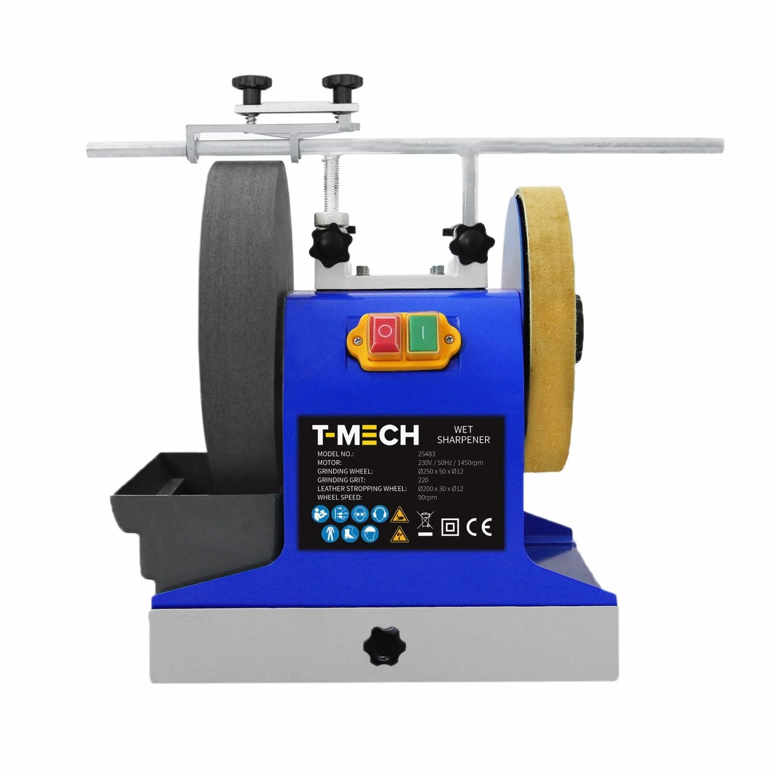 T-Mech Smerigliatrice da Banco Affilatrice ad Acqua 200W 250mm Grana 220 con Potente Mola Affila Attrezzi Sgorbie e Coramella a Disco in Pelle per Finitura Lucida