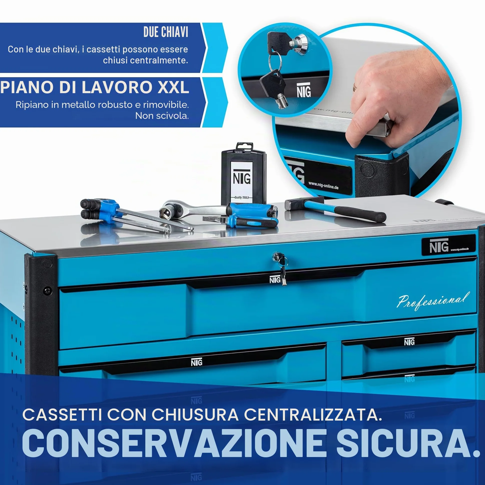 NTG Carrello portautensili XXL completo di utensili | 457 pezzi | +12 cassetti con serratura | 10 dei quali con utensili | Con inserti morbidi in carbon look | Carrello portautensili da officina