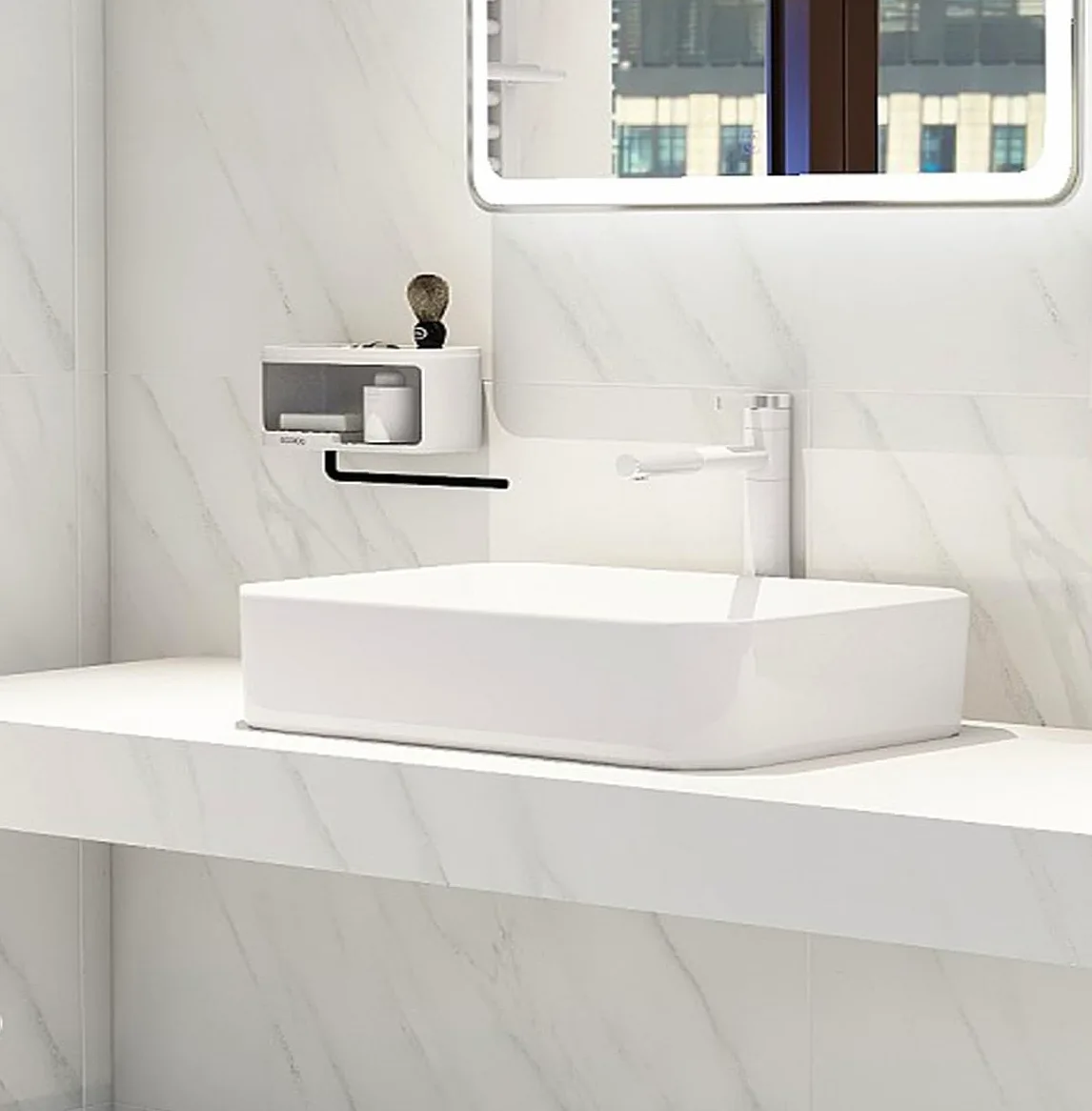 LIFEZEAL Lavandino Bagno, Lavabo da Appoggio, 60 x 35 x 11 cm, Lavabo Bagno, Glassa in Porcellana, Rettangolare, Scarico Escamotable, Ideale per Casa Ristorante e Hotel, Bianco
