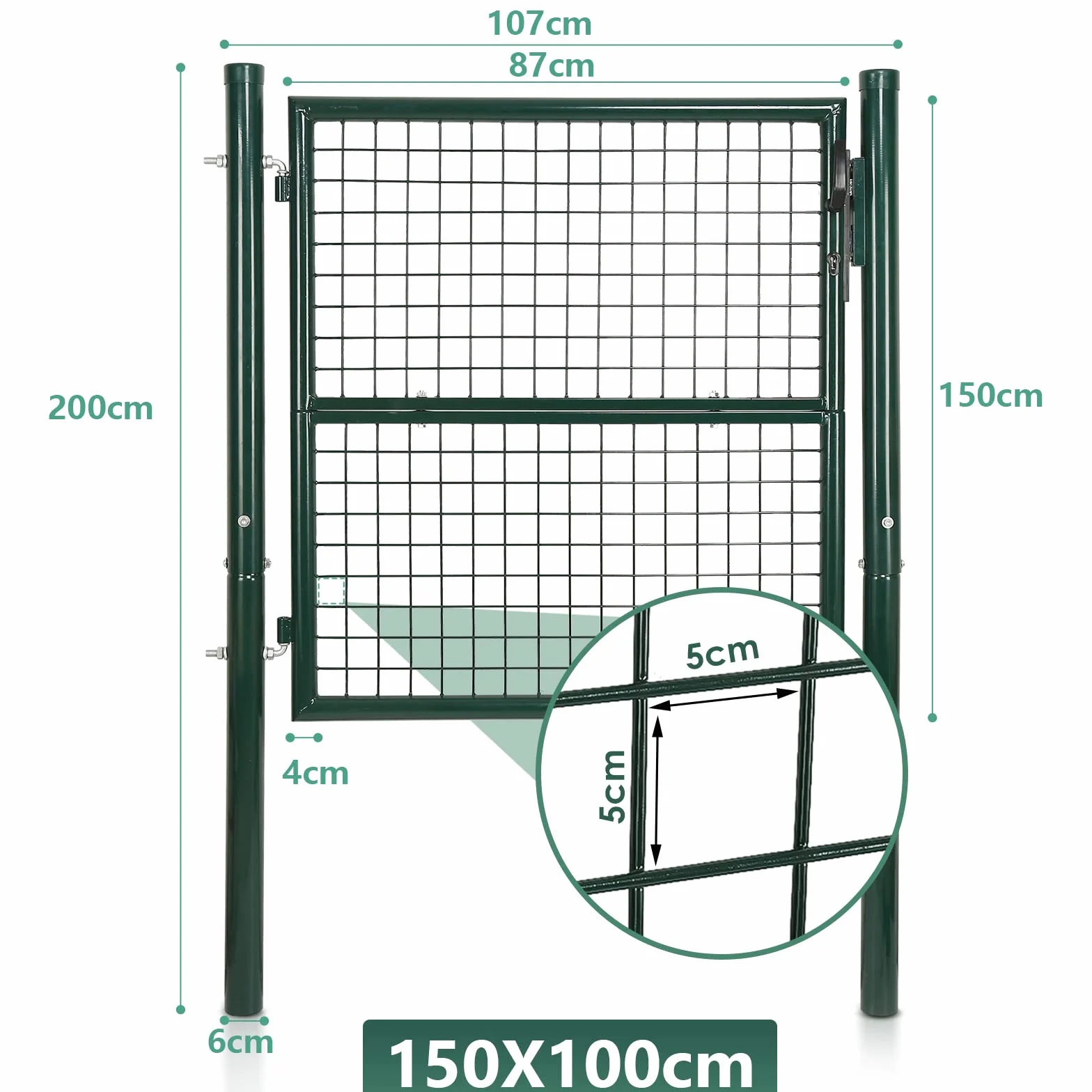 Gimisgu Cancello da giardino, 150 x 100 cm, in acciaio zincato, con maniglia per serratura e 3 chiavi, robusto e durevole, per tralicci di bastoni, porta d'ingresso, colore: verde