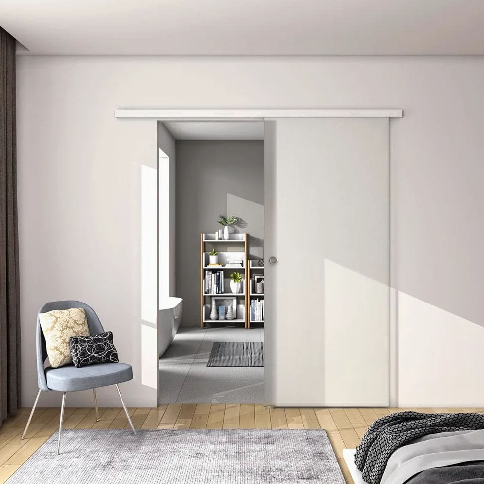 100x225 cm Porta Scorrevole in Vetro da 8 mm Temperato Opaco con Pellicola Anti-frantumi con Binario in Alluminio Bianco Verniciato