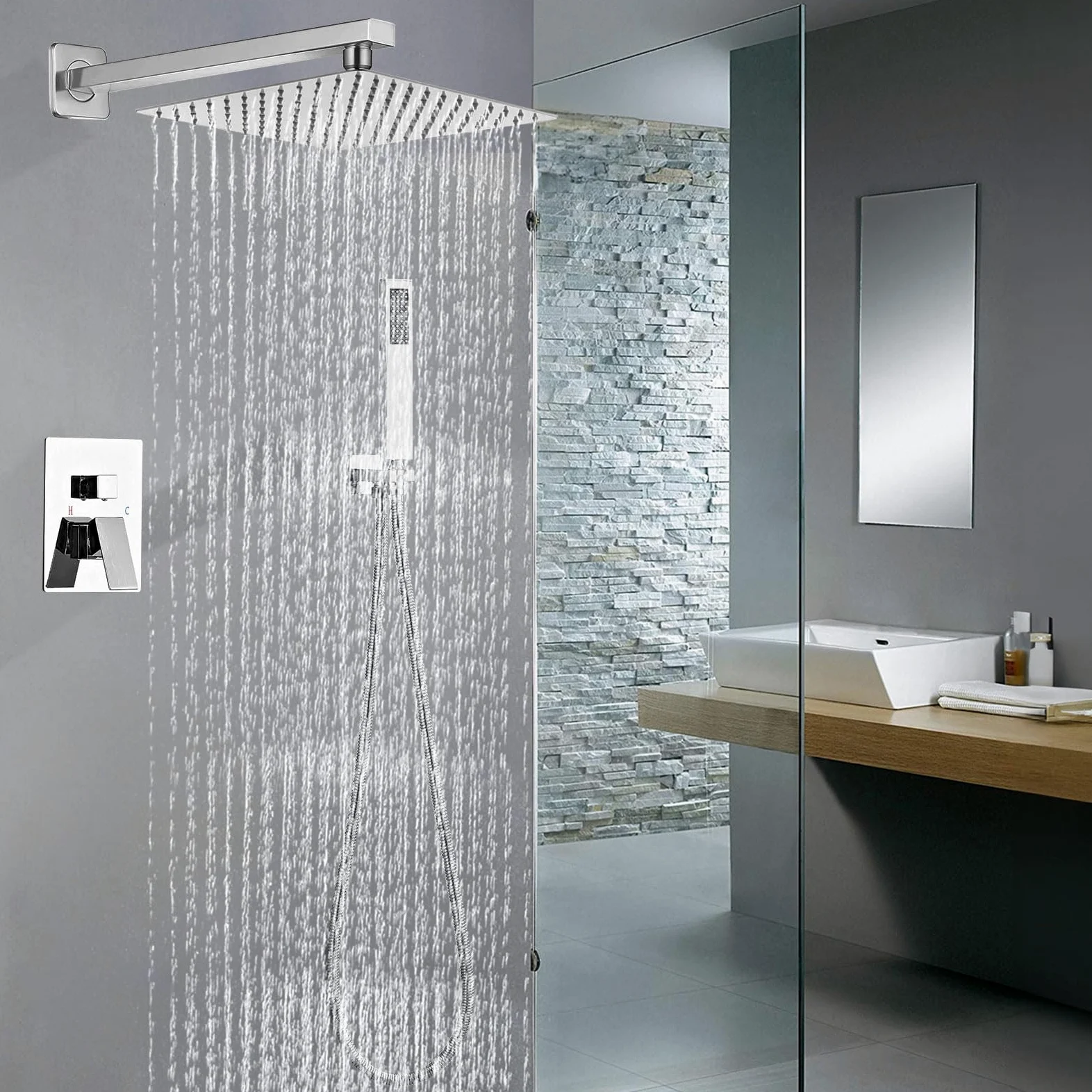 SaniteModar Set Doccia Incasso Cromo, Miscelatore Doccia Incasso con 25x25cm Soffione, kit Doccia Incasso con Doccetta