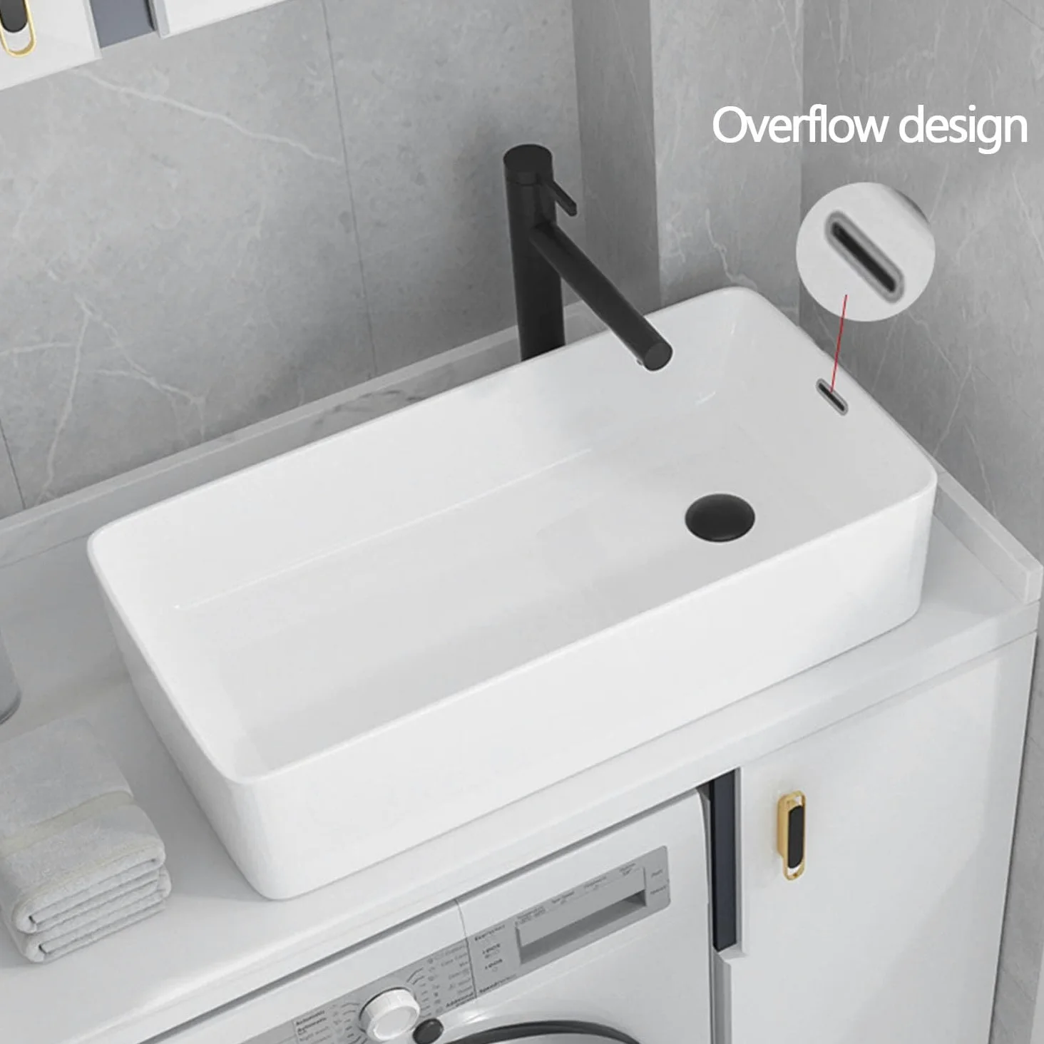 Lavabo da Appoggio in Ceramica con Troppopieno, Lavello Rettangolare Moderno con Scarichi Laterali e Scarico Pop-up per Bagno e WC degli Ospiti