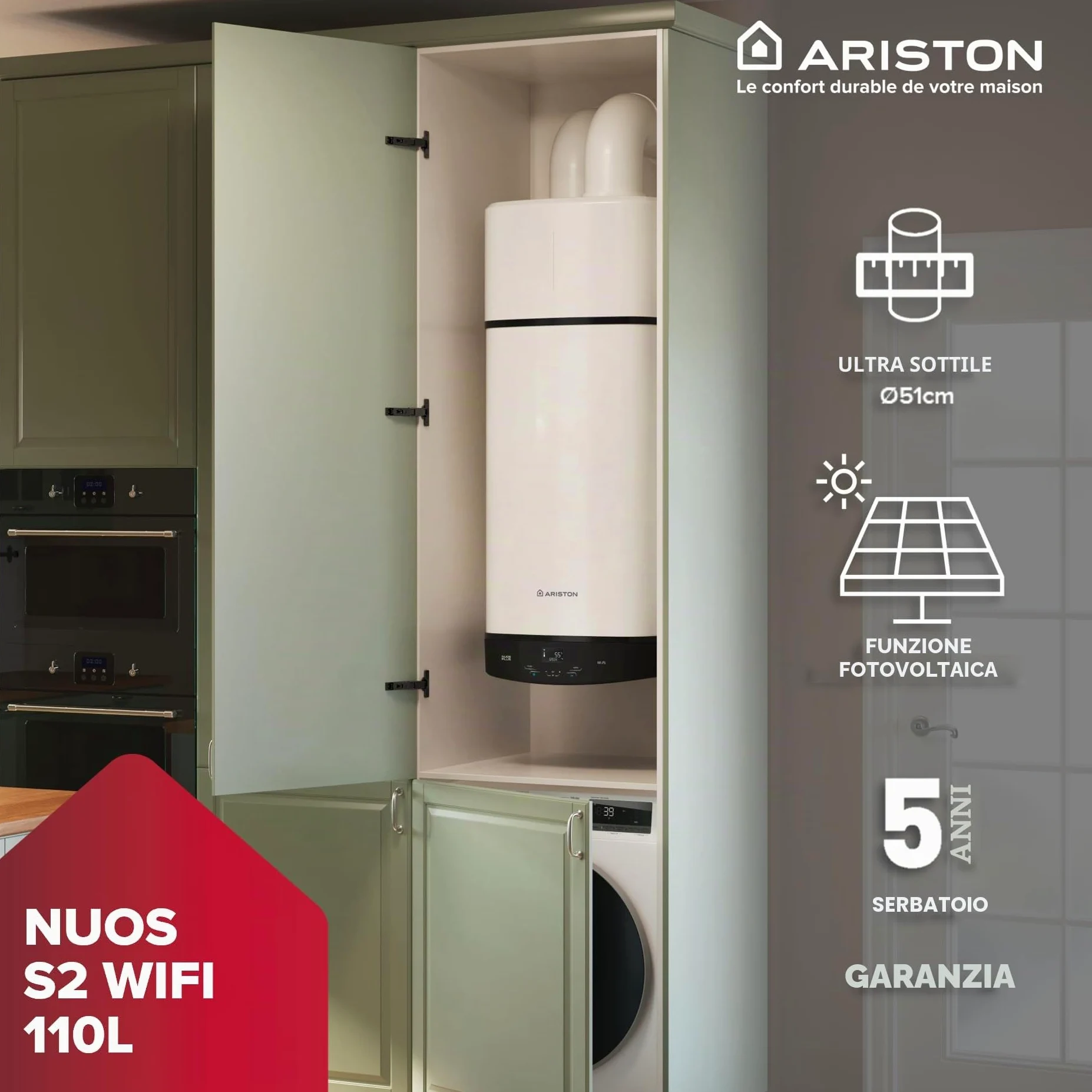 Ariston NUOS PLUS WIFI - Scaldabagno Termodinamico 110 litri - Risparmio energetico 80% - Funzione fotovoltaica - Progettato e realizzato per essere installato in Francia