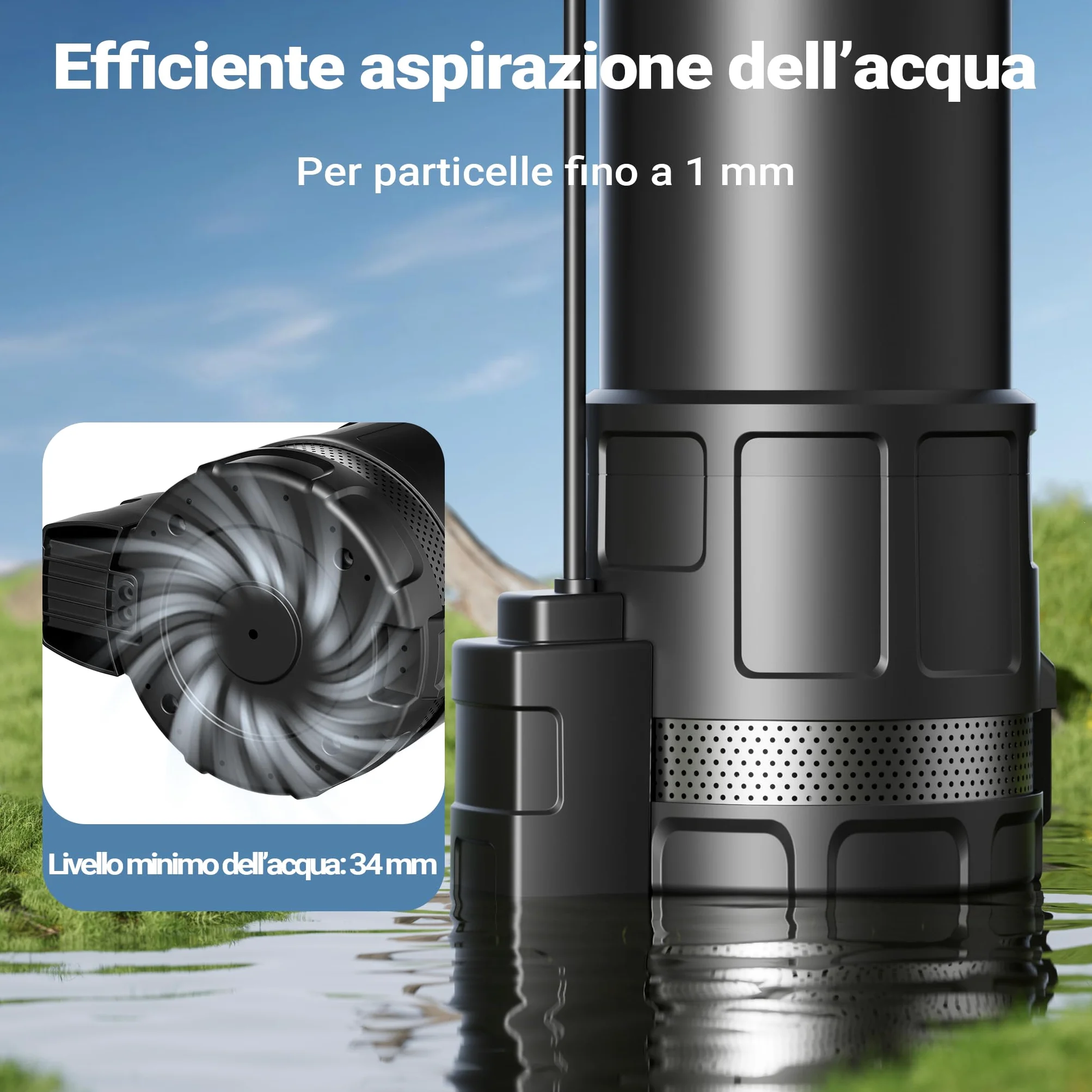 Wiltec Pompa sommersa, 1200W 6000 l/h, profondità max 7 m, Elettropompa a immersione per pozzi e cisterne