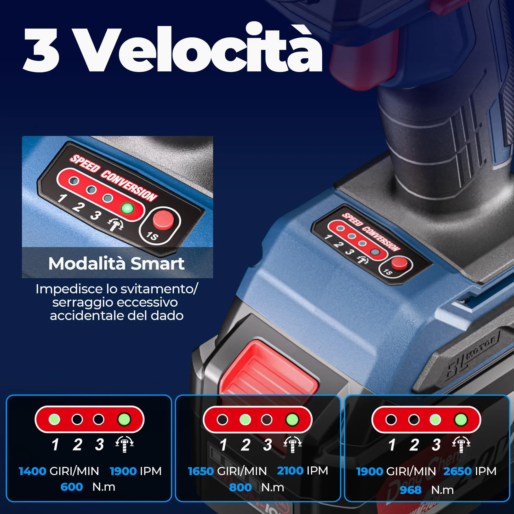 Dong Cheng Chiave a impulsi senza fili Brushless 1/2", 1700 Nm, 3 vel. 0-1900 giri/min, 2x5,0Ah + carica rapida + 3 bussole, per bulloni arrugginiti M10-M24