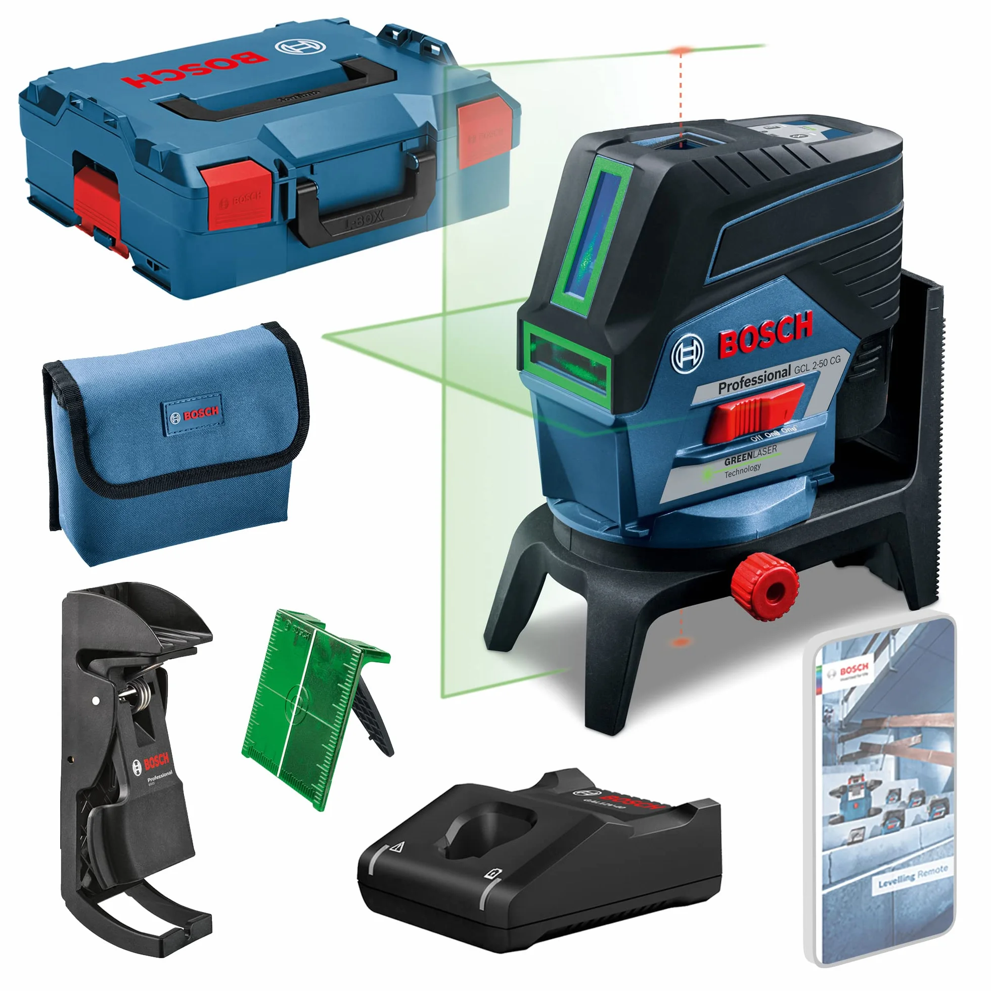 Bosch Professional 12V System Livella Laser GCL 2-50 CG (batteria 12 V, laser verde, da interno, con app, supporto, raggio d'azione visibile: fino a 20 m, in L-BOXX)