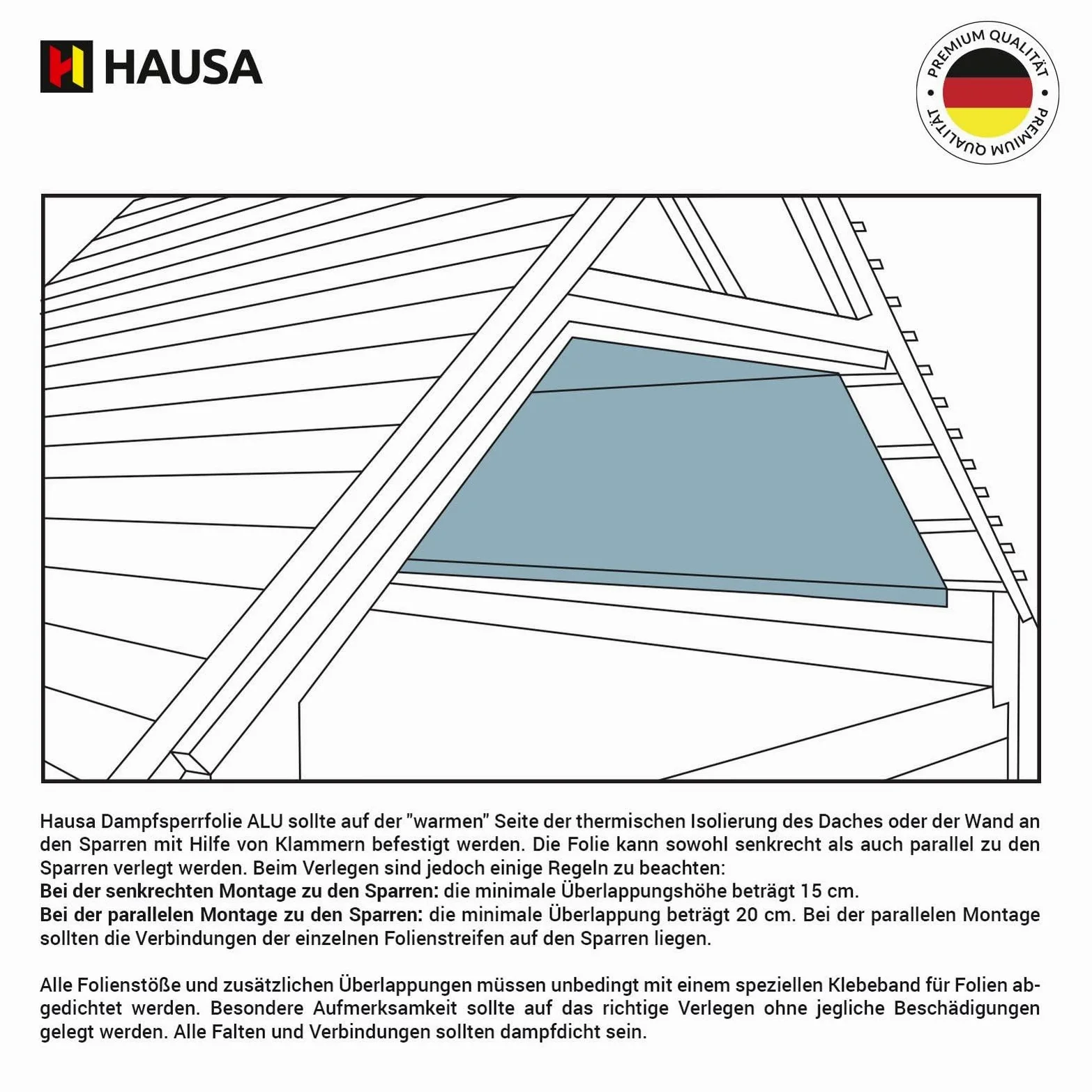 HAUSA Pellicola protettiva anti-condensa ALU 150m² (2x1,5mx50m) Binario di blocco vapore in alluminio per tetto, soppalco, parete, soffitto, rafforzata con fibra di vetro, extra resistente alla