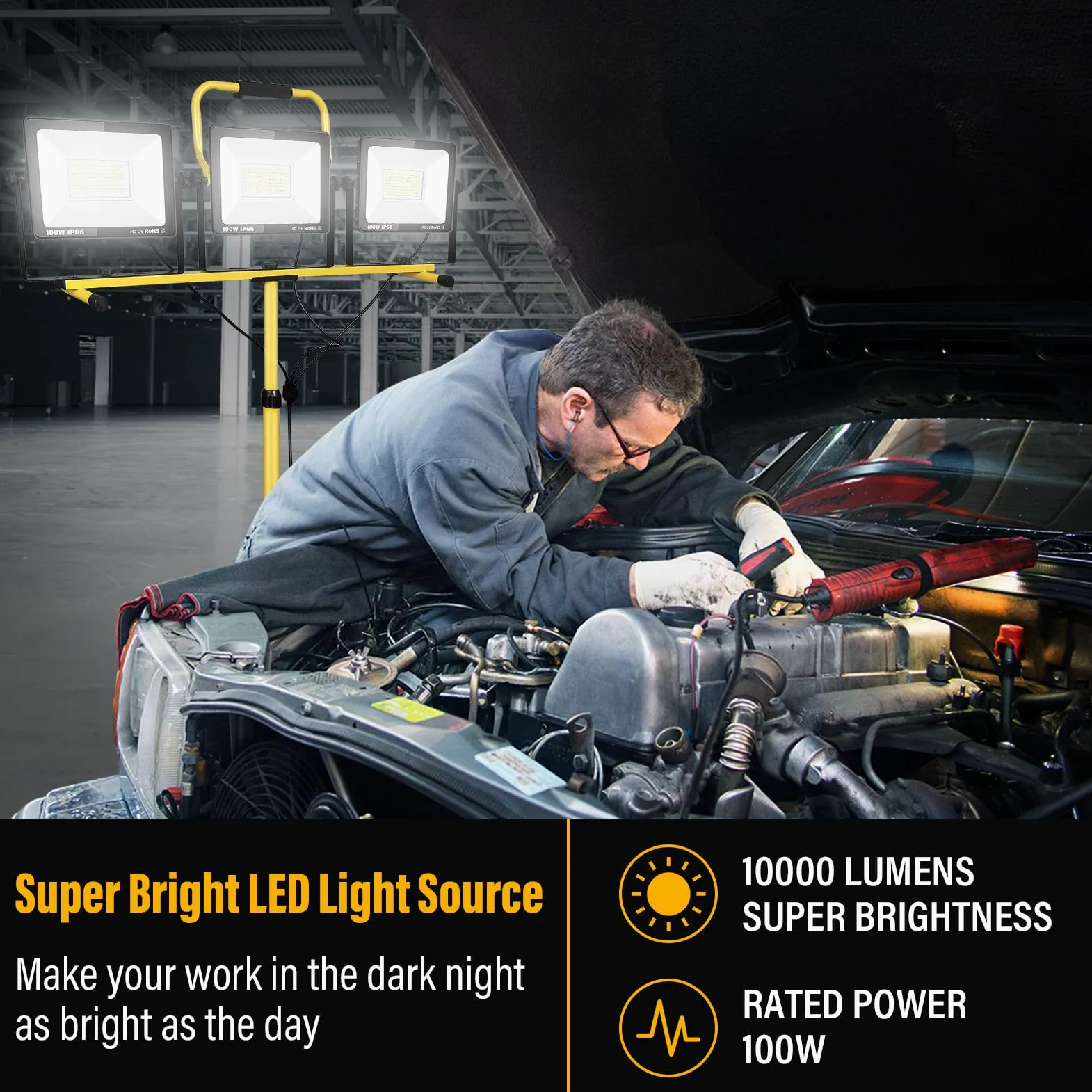 3 x 100W LED Faretto da cantiere con treppiede, 30000LM 175V a 265V IP66 Impermeabile Lampada da lavoro a LED per interni ed esterni con cavo da 5 m per officina, garage, cantiere, seminterrato