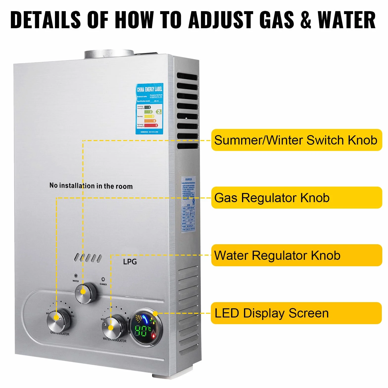 Scaldabagno a Gas, 16LPM 32KW Scaldabagno Senza Serbatoio Portatile, Scaldabagno Istantaneo al Propano Con Display Digitale Multi-protezione Per Viaggi in Campeggio, Viaggio in RV (16L)