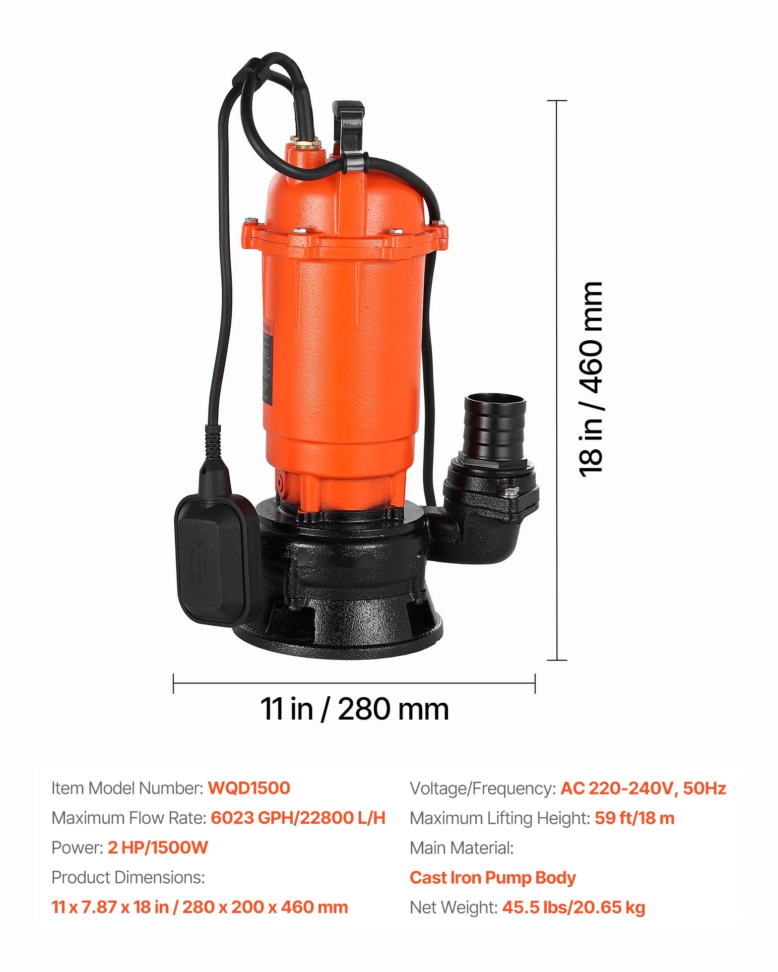 VEVOR Pompa Sommergibile per Acqua Sporca da 1500 W, 22800 L/H, in Ghisa con Interruttore a Galleggiante Automatico, Sollevamento Massimo 18 m, Scarico di Acqua Pulita, per Piscine, Giardino