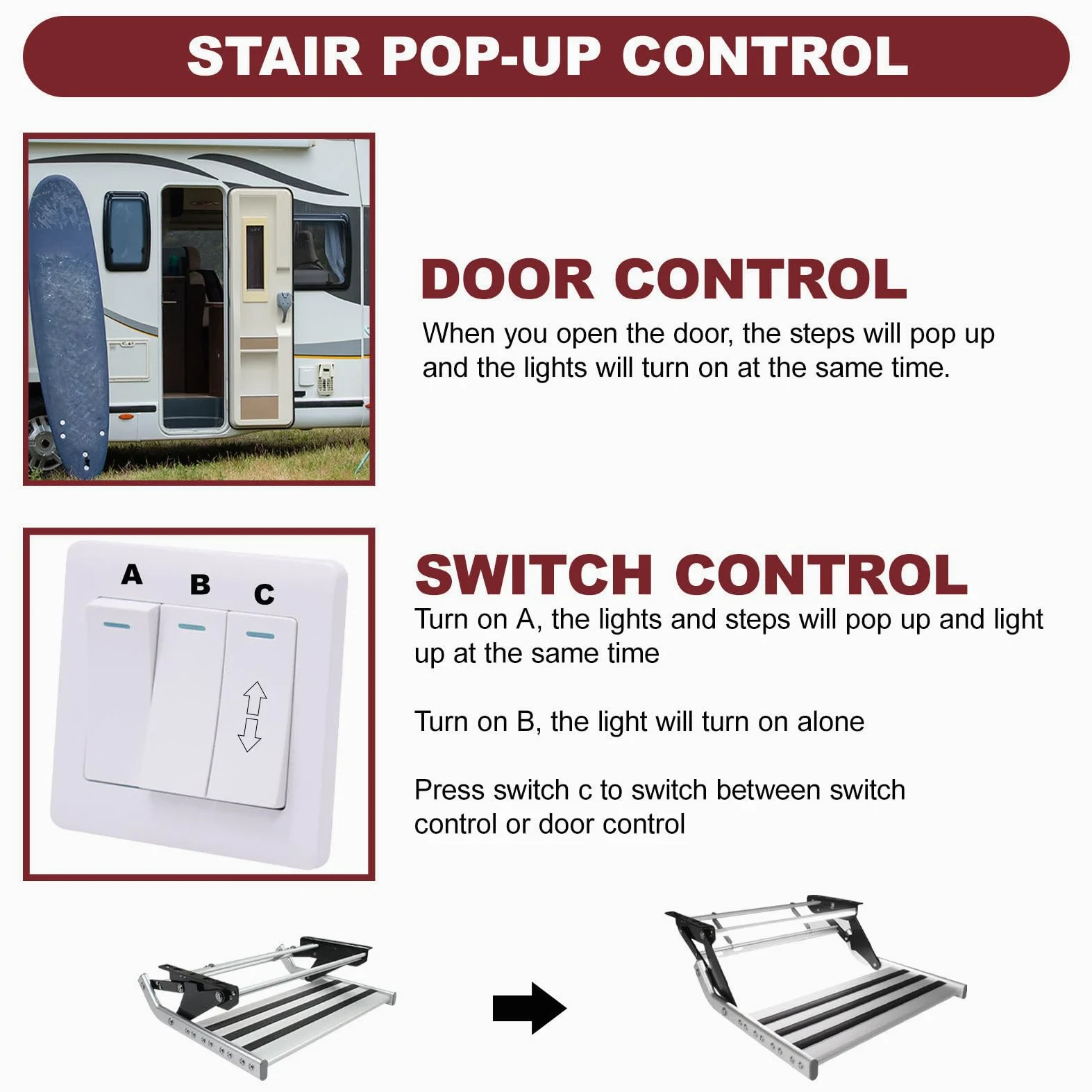 Gradino Elettrico Pieghevole per Camper con Luce a LED, Costruzione in Lega di Alluminio Resistente, Controllo dell'interruttore e Controllo della Porta, Scale Automatiche Pieghevoli per ro