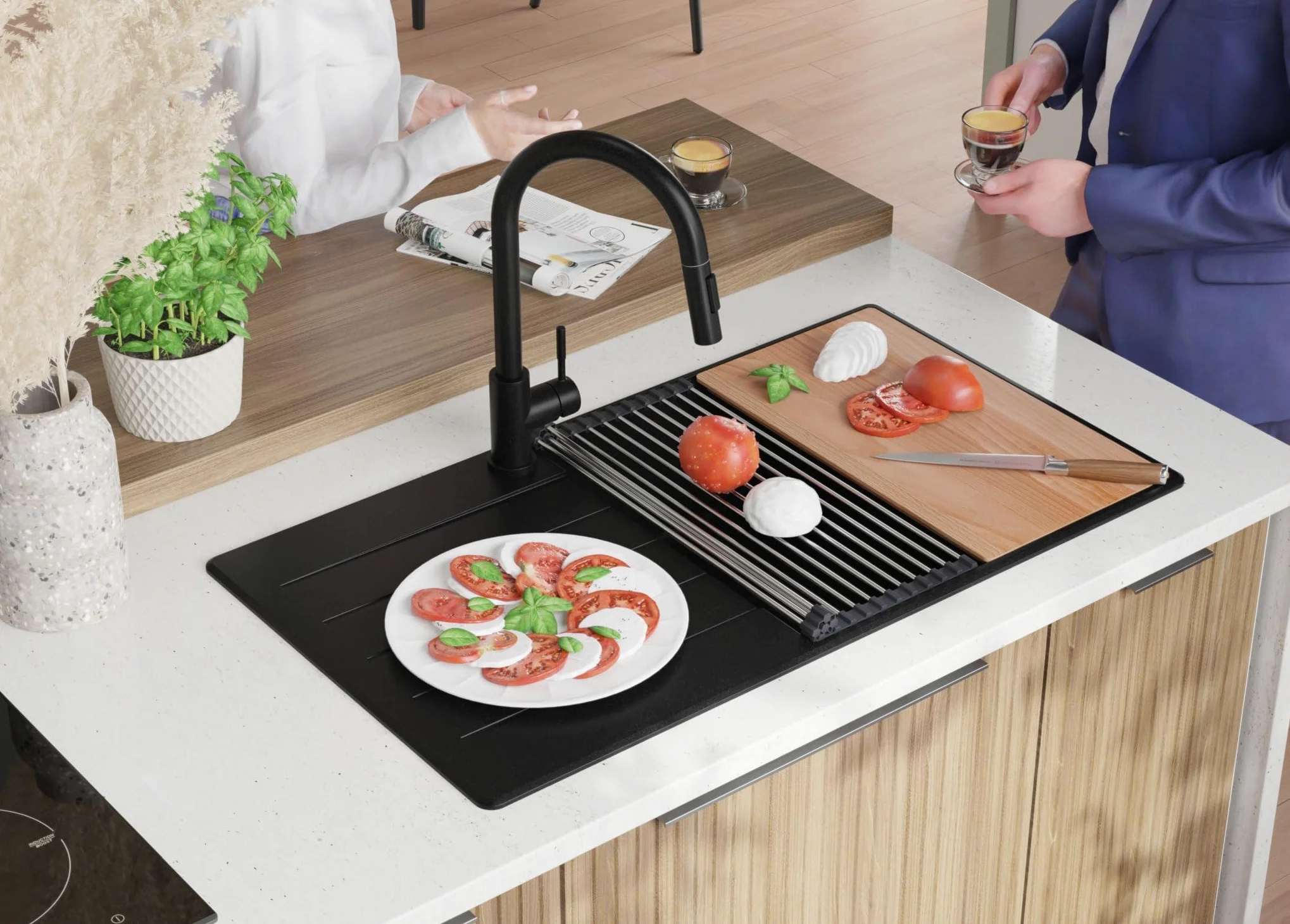 PRIMAGRAN Lavandino da Cucina Tutto Nero 90x50cm, Lavello in Granito a 1 vasca + Rubinetto 40x20cm + Set di accessori, Lavabo da Cucina Incasso al Mobile 60cm - Copenhagen Top S734
