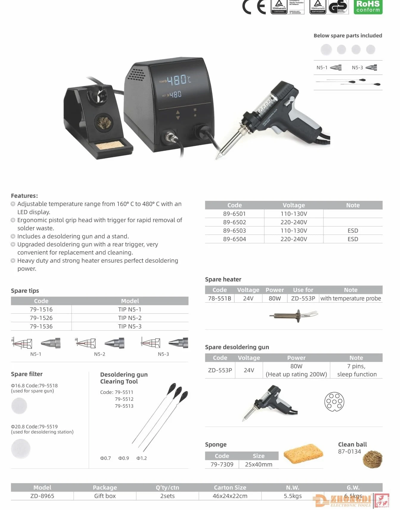 Stazione Dissaldante EMPOTEC EM-8965 ESD per Dissaldare Componenti Elettronici 140W Temperatura Controllata 160-480° Aspira Succhia Stagno Pompa Aria e Pistola per Dissaldatura 24V 80W con Supporto