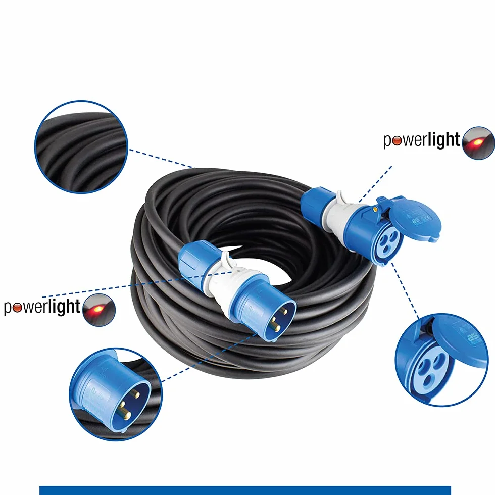 as - Schwabe Cavo di prolunga da campeggio, 25 m, 230 V, 16 A, 3 poli, spina CEE con indicatore di tensione, accoppiamento CEE con coperchio ribaltabile, prolunga per camper, prodotto in Germania,