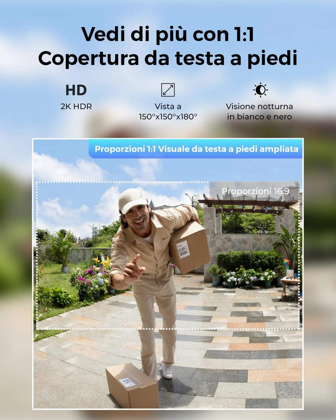 Reolink Doorbell Camera a batteria, Video Doorbell Camera di sicurezza 2K, Visuale 150°x150°, WiFi 2,4/5 GHz, a batteria o via cavo, Audio bidirezionale, Persone/Veicoli/Pacchi (Chime non incluso)