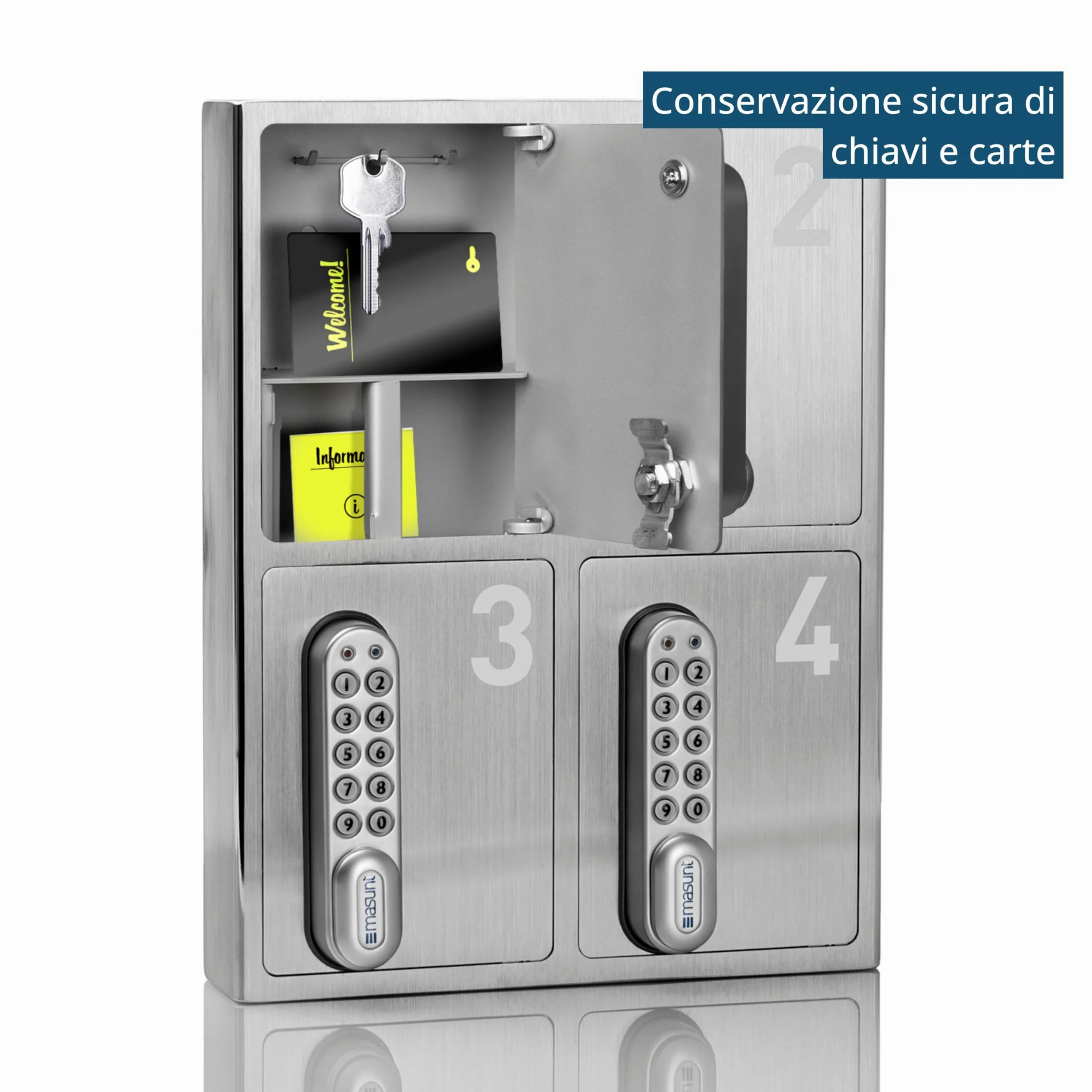 masunt cassaforte per chiavi 1420 E Code | Innovativa assegnazione online del codice a distanza | cassaforte elettronica per chiavi in acciaio inox V2A massiccio | 4 scomparti | antieffrazione